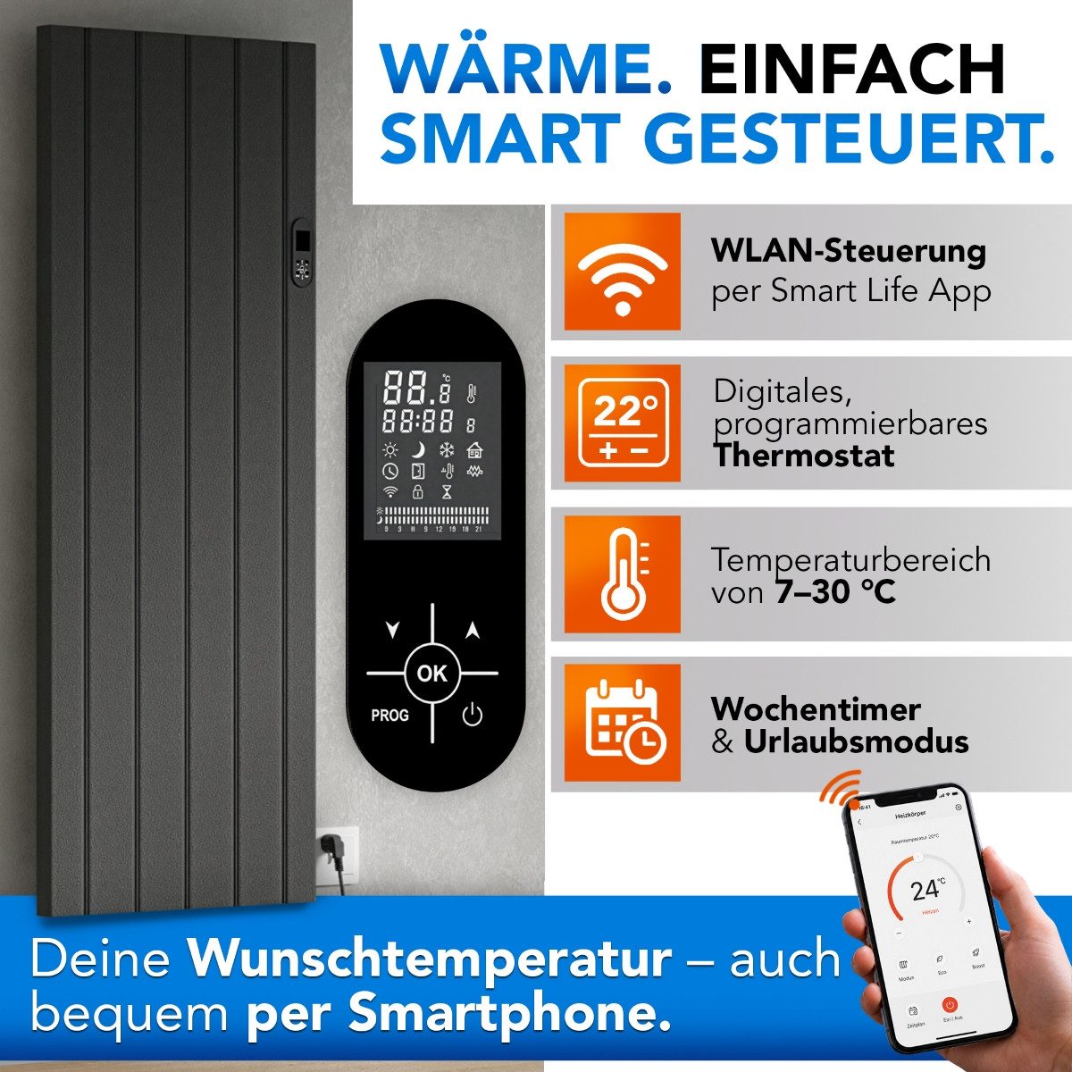 Belvit Elektro-Heizkörper 2000 W Weiß Hochglanz mit Smart WLAN und digitalem Thermostat, 3 Betriebsmodi, Urlaubsmodus, Fenster-offen-Erkennung, Kindersicherung