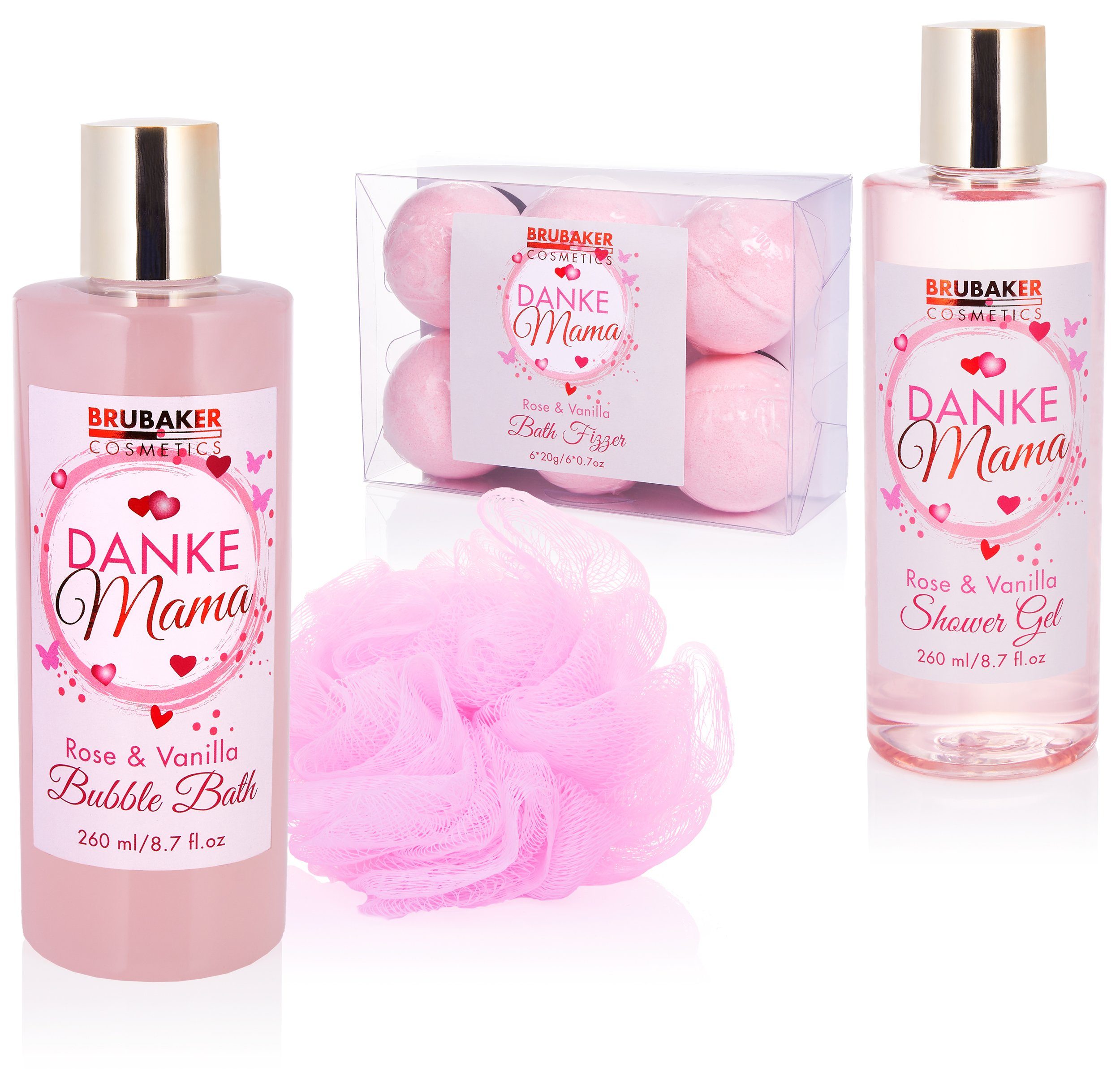 BRUBAKER Pflege-Geschenkset Danke Mama - Badeset mit Rosen Vanille Duft, Geschenk für Mama, 13-tlg., Muttertagsgeschenk Beauty Geschenkset in Korb, Mutter Pflegeset
