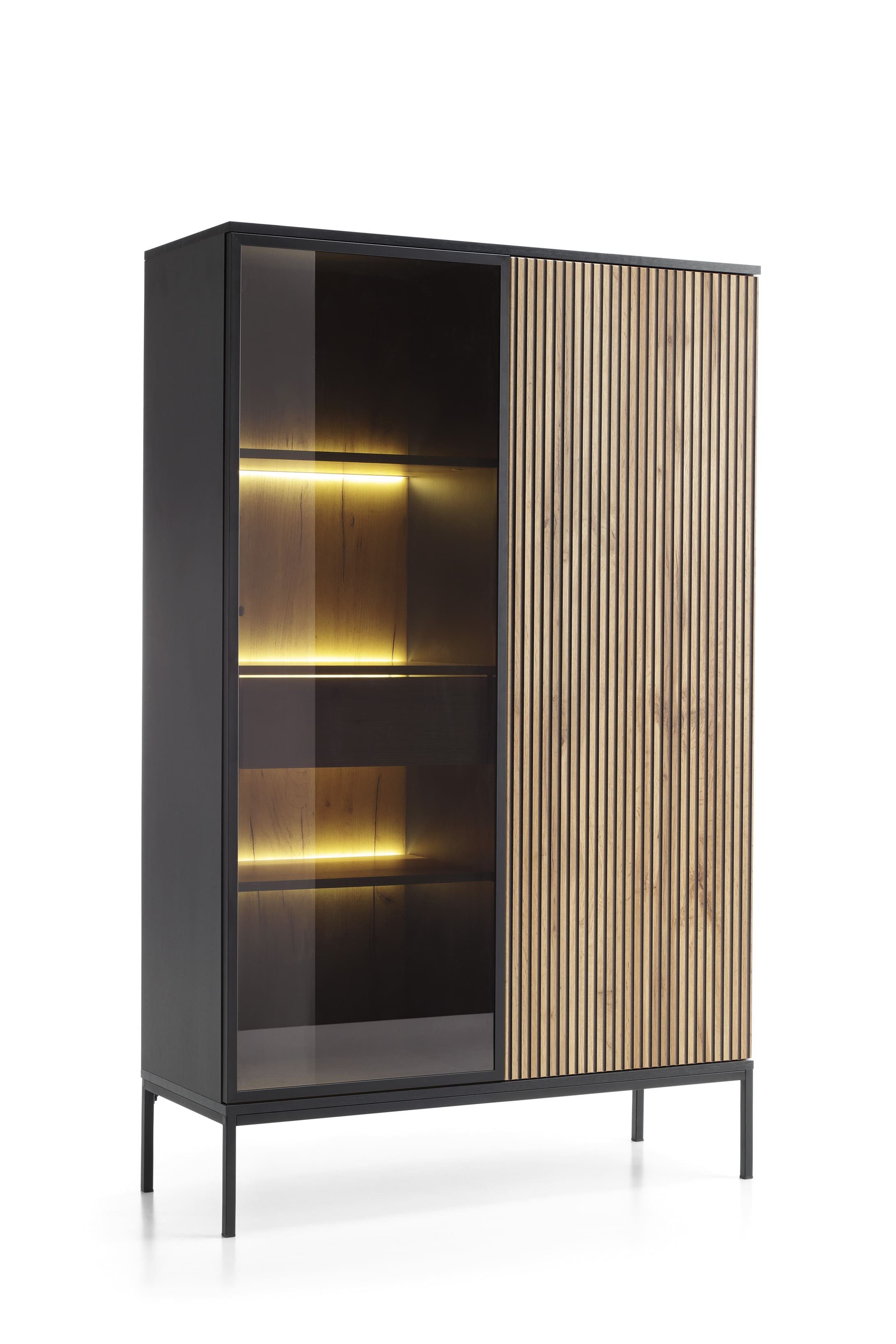 MOEBLO Highboard Sentino WTSZ104 LED (mit LED-Beleuchtung, Schwarz + Eiche Wotan Schlafzimmer Komodenschrank, Schrank mit gefräster Front, Sideboard Wohnzimmer Kommode), (BxHxT):104x166x39cm