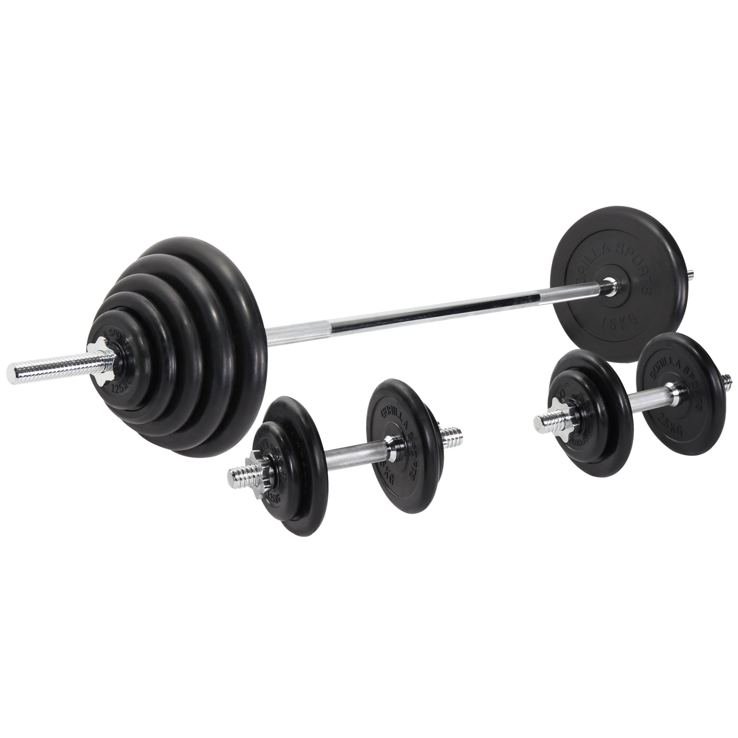 GORILLA SPORTS Hantel-Set 100kg, Langhantelstange 170cm, 18 Hantelscheiben, 2 Kurzhanteln 30mm