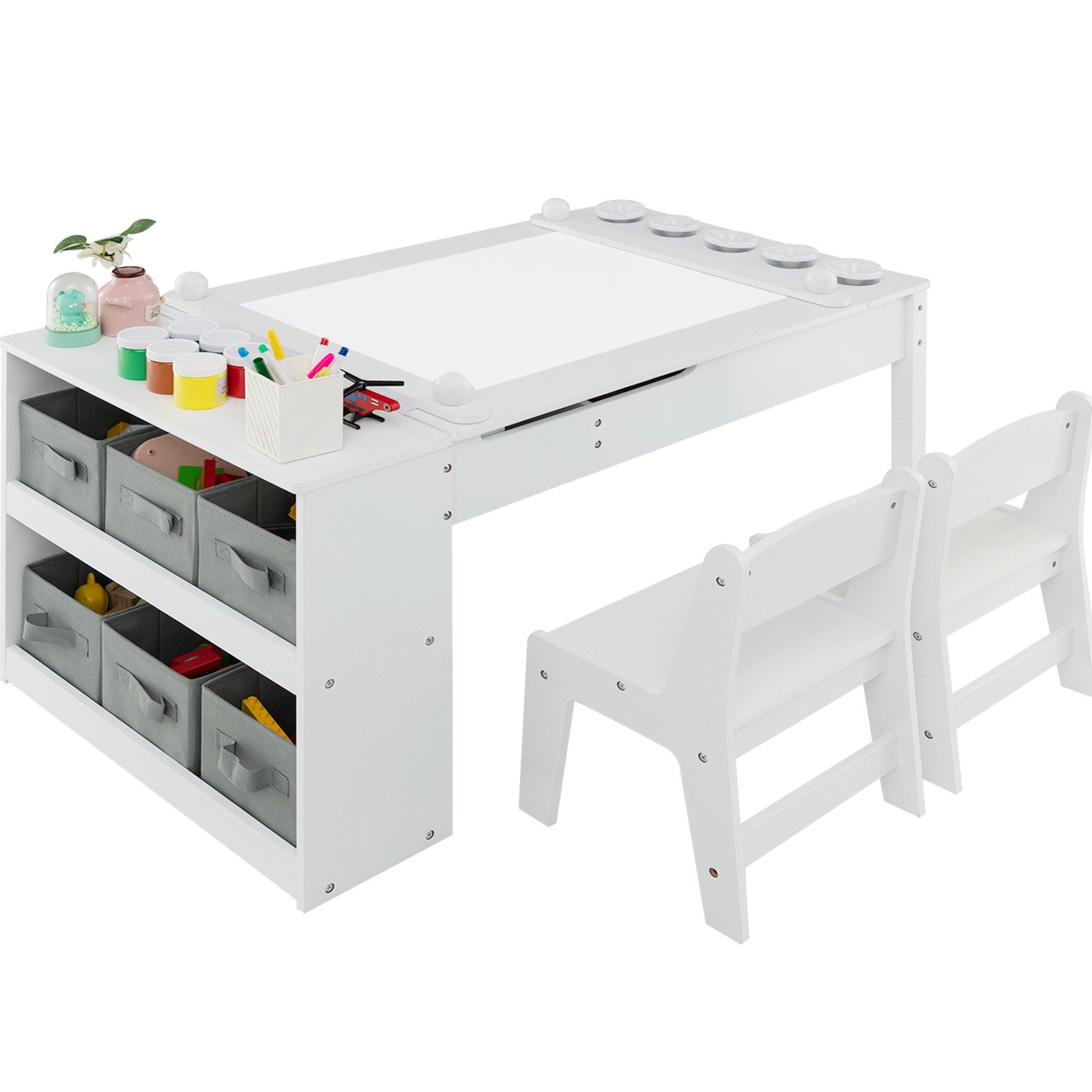 COSTWAY Kindersitzgruppe 3 TLG, Tisch mit 2 Stühlen & Stauraum, ab 3 Jahren