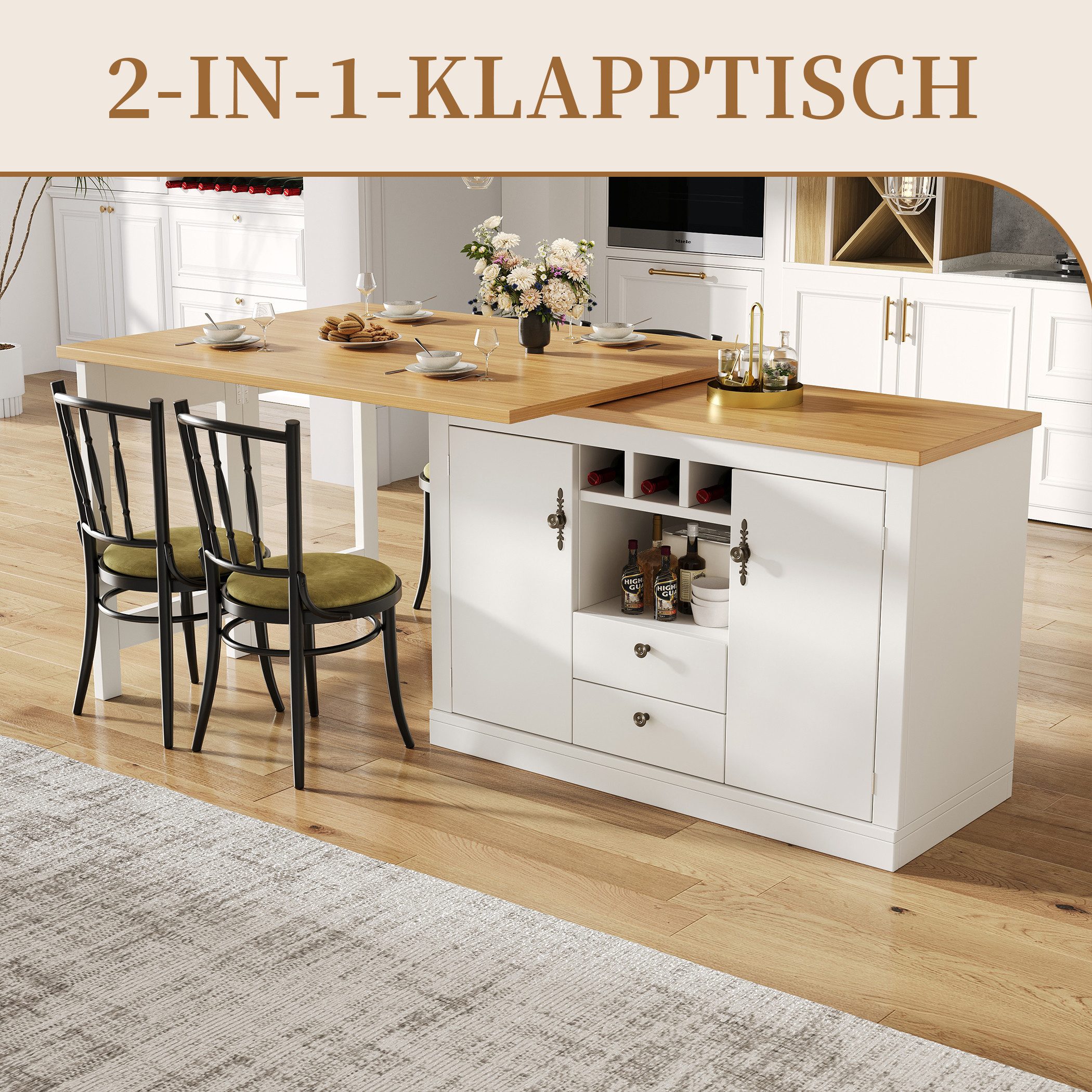 SeedWave Bartisch 360 Grad drehbarer Küchentisch mit Klappbarer Tischplatte, Stauraum, Erweitern auf 180 cm, Anrichte beinhaltet 3 Weinflaschfächer