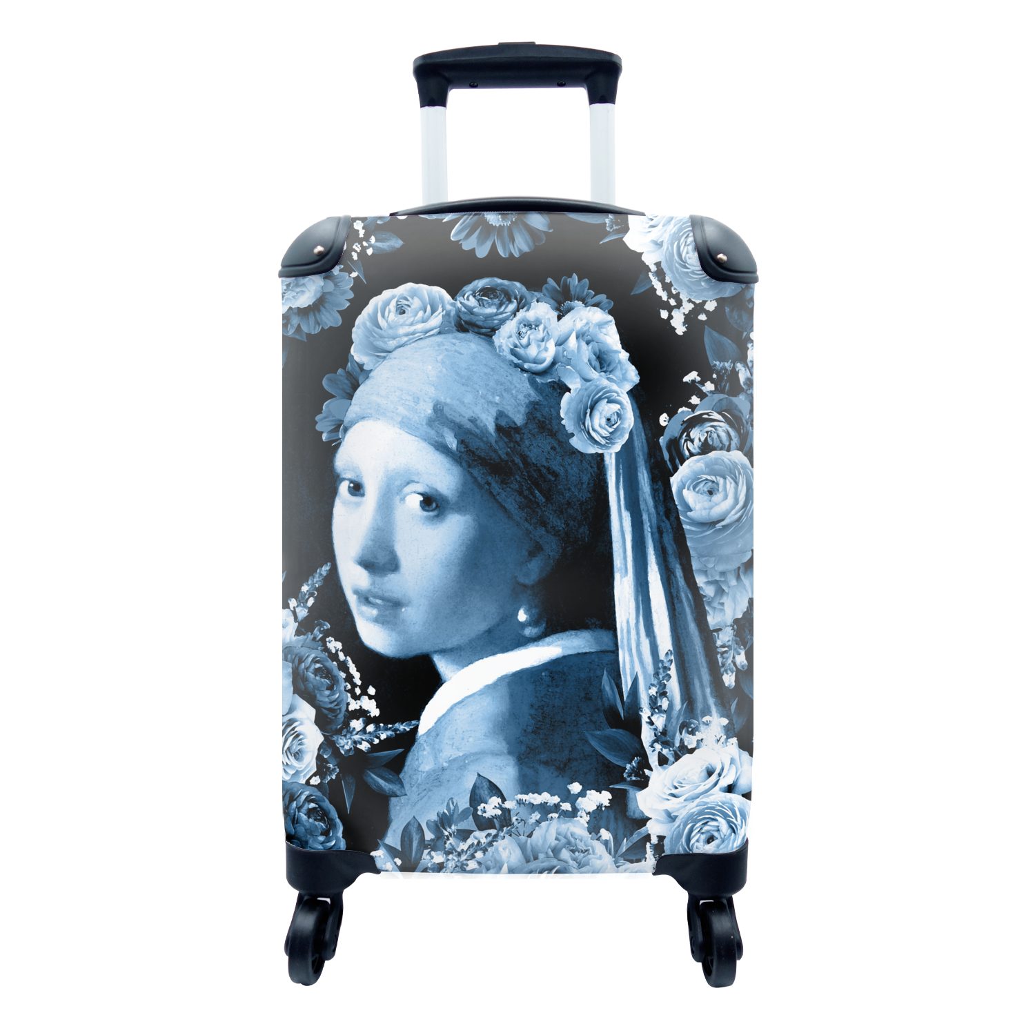 MuchoWow Handgepäckkoffer Mädchen mit einem Perlenohrring - Rosen - Delfter Blau, 4 Rollen, Reisetasche mit rollen, Handgepäck für Ferien, Trolley, Reisekoffer