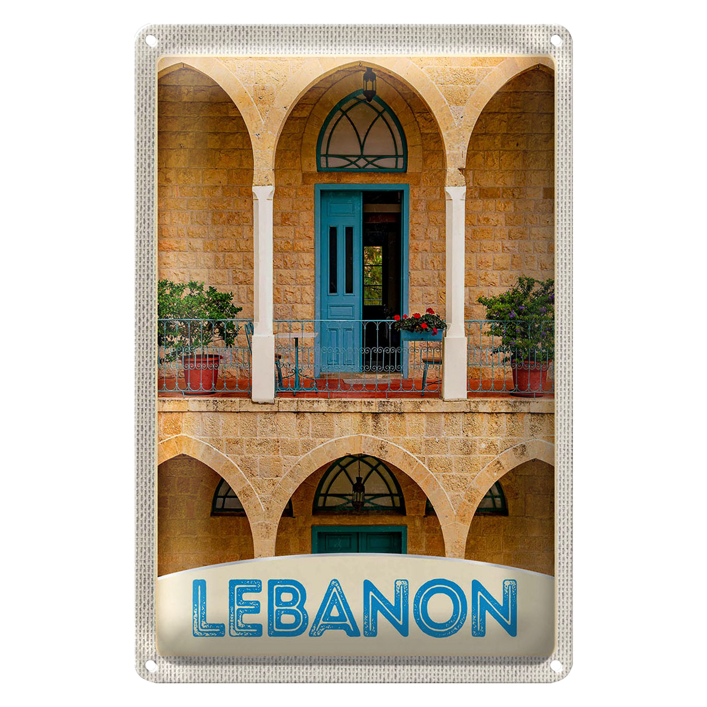 Roomando Metallschild Blechschild Reise 20x30cm Libanon Gebäude blaue Tür Urlaub