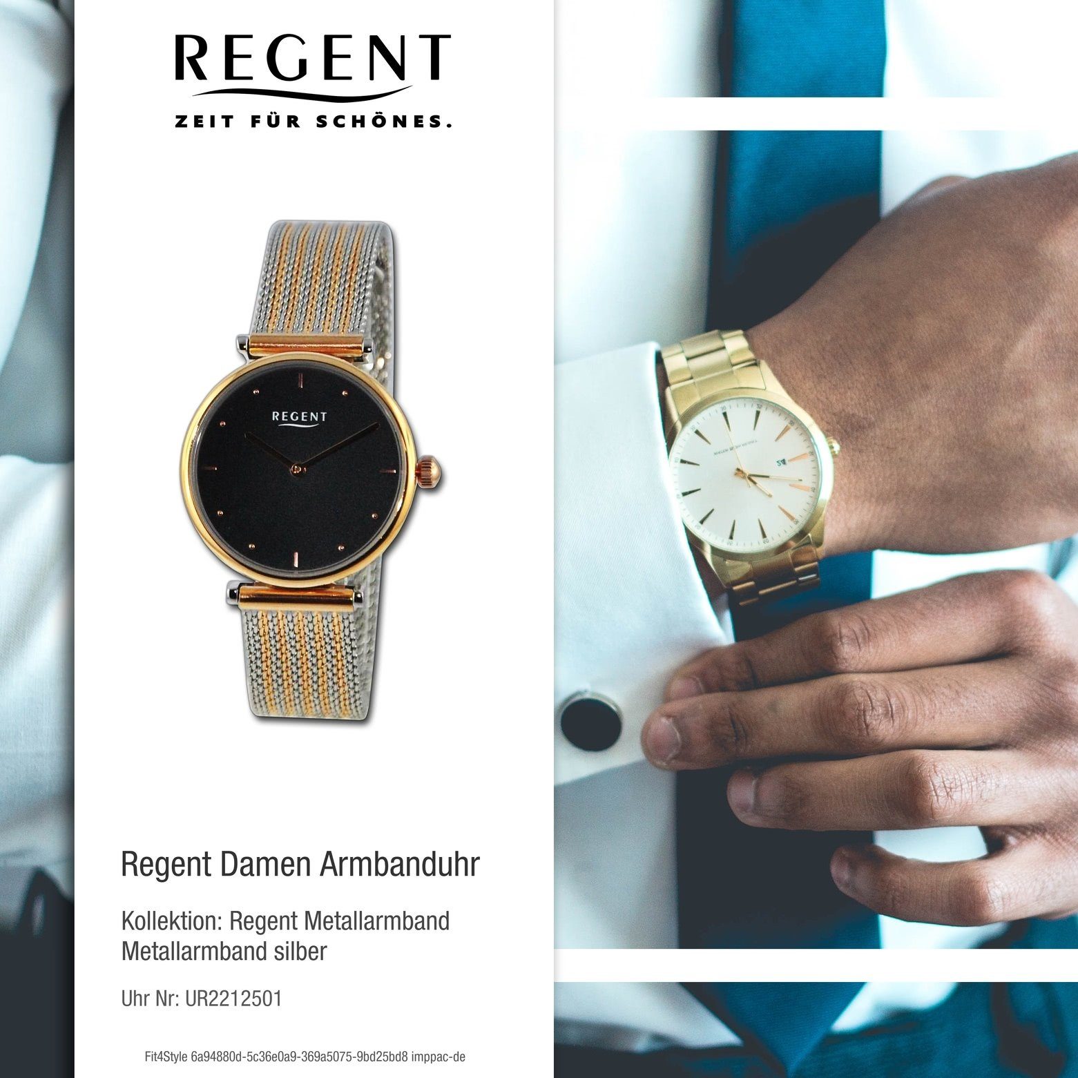 (ca. Armbanduhr Armbanduhr groß 33mm), Quarzuhr Damen extra Metallarmband rund, Regent Damen Analog, Regent