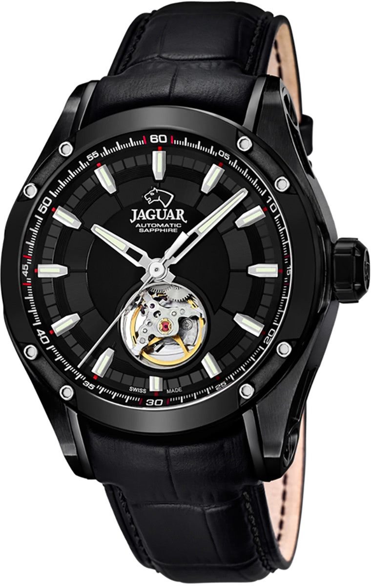 JAGUAR Quarzuhr Jaguar Herren Uhr Automatik J813/A Leder, (Analoguhr), Herren Armbanduhr rund, Lederarmband schwarz, Elegant