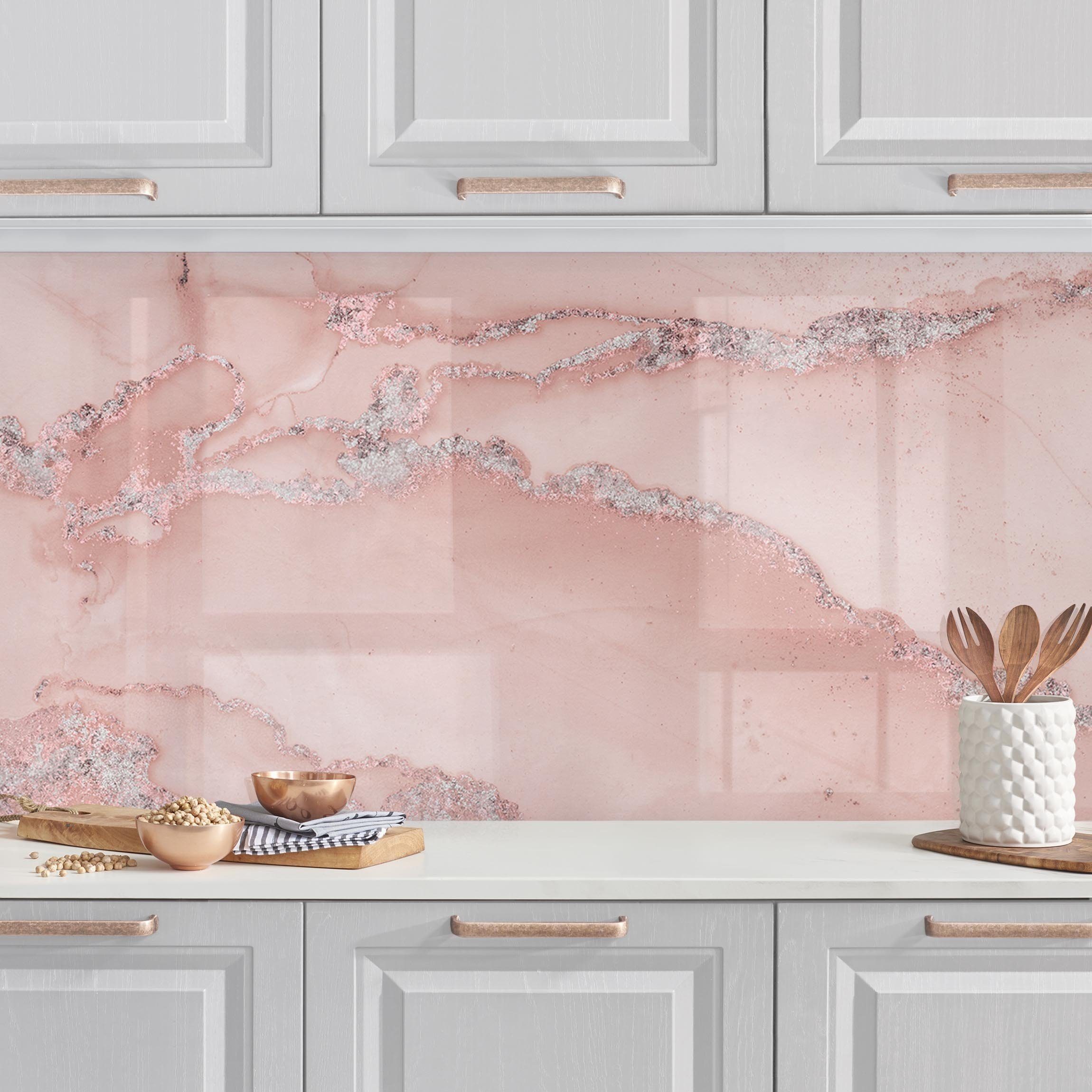 Bilderdepot24 Küchenrückwand rosa dekor Abstrakt Kunst Steinoptik Muster Marmor Rose und Glitzer, (1-tlg., Nischenrückwand - für Fliesenspiegel ohne Bohren - matt), Spritzschutz Rückwand Küche Herd - Folie selbstklebend versch. Größen