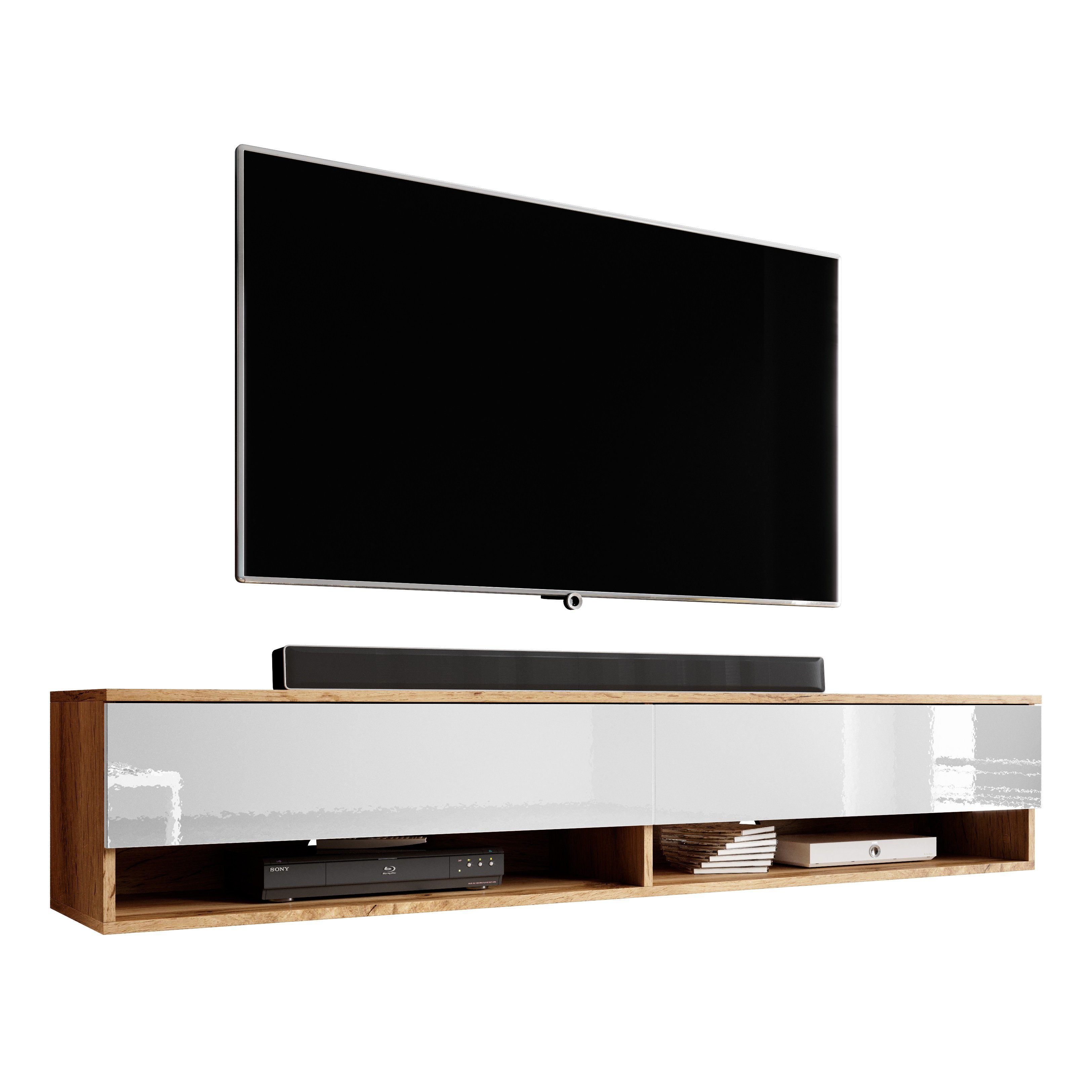 Furnix Sideboard Alyx LED-Beleuchtung, Schrank B160 T32 x Lowboard TV TV-Kommode, x Glanz Wotan/Weiß OHNE 160 H34 cm