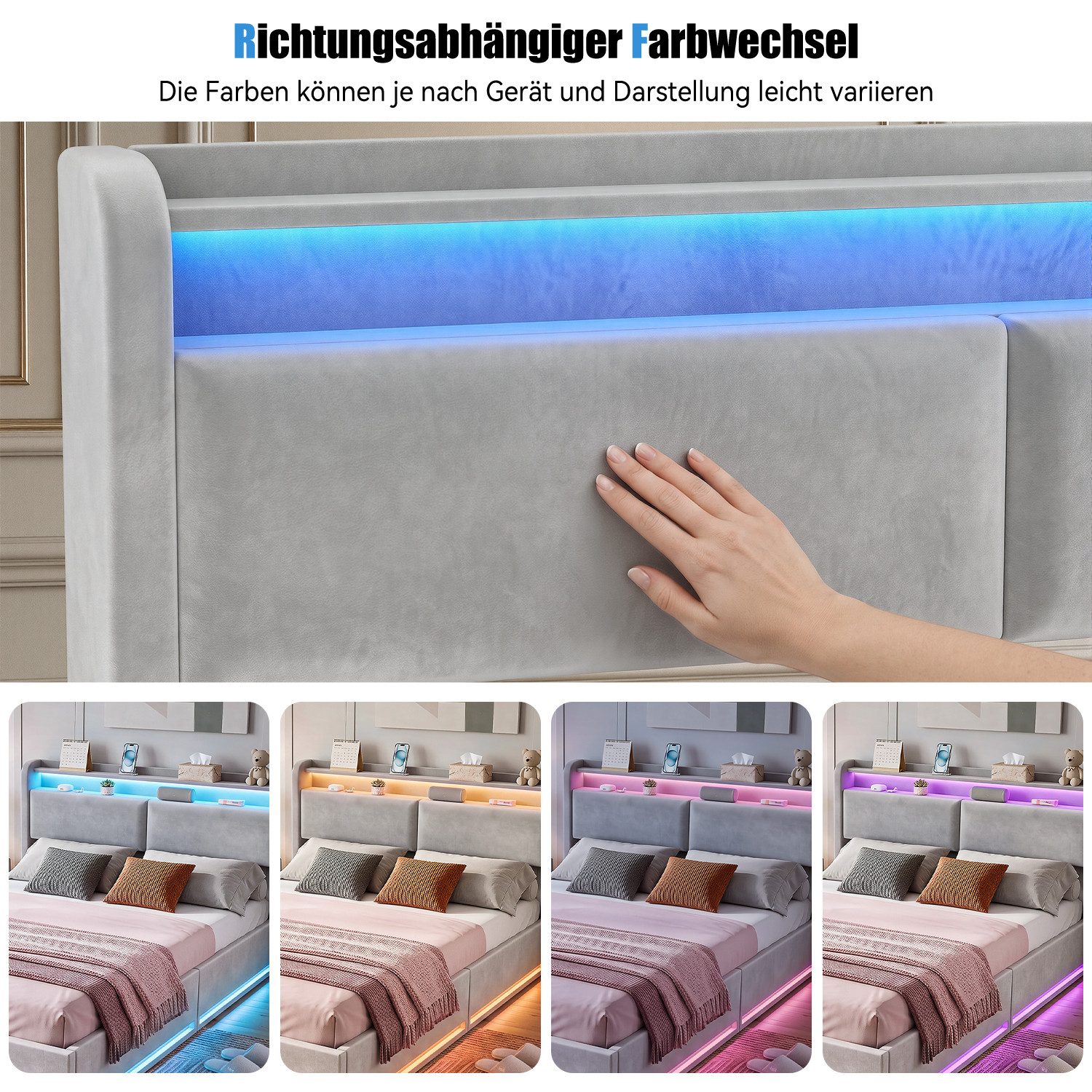 oyajia Polsterbett LED Doppelbett 140x200cm, Stauraumbett mit Kopfteil, Samt (mit Komforthöhe, Leises Design Bett), Stauraumbett mit Hydraulische Metallrahmen u – Bild 5 von 5