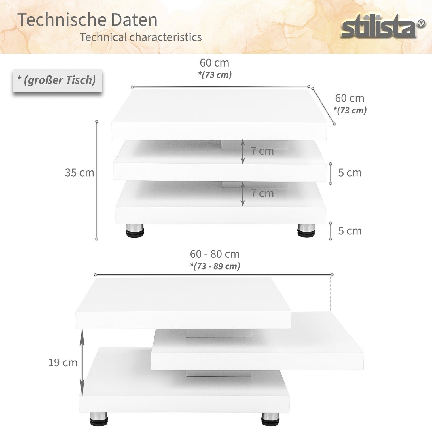 STILISTA Cube-Design, Größenwahl 360° Weiß und schwenkbare Farb- Beistelltisch Wohnzimmertisch Couchtisch Sofatisch, Tischplatten, Hochglanz