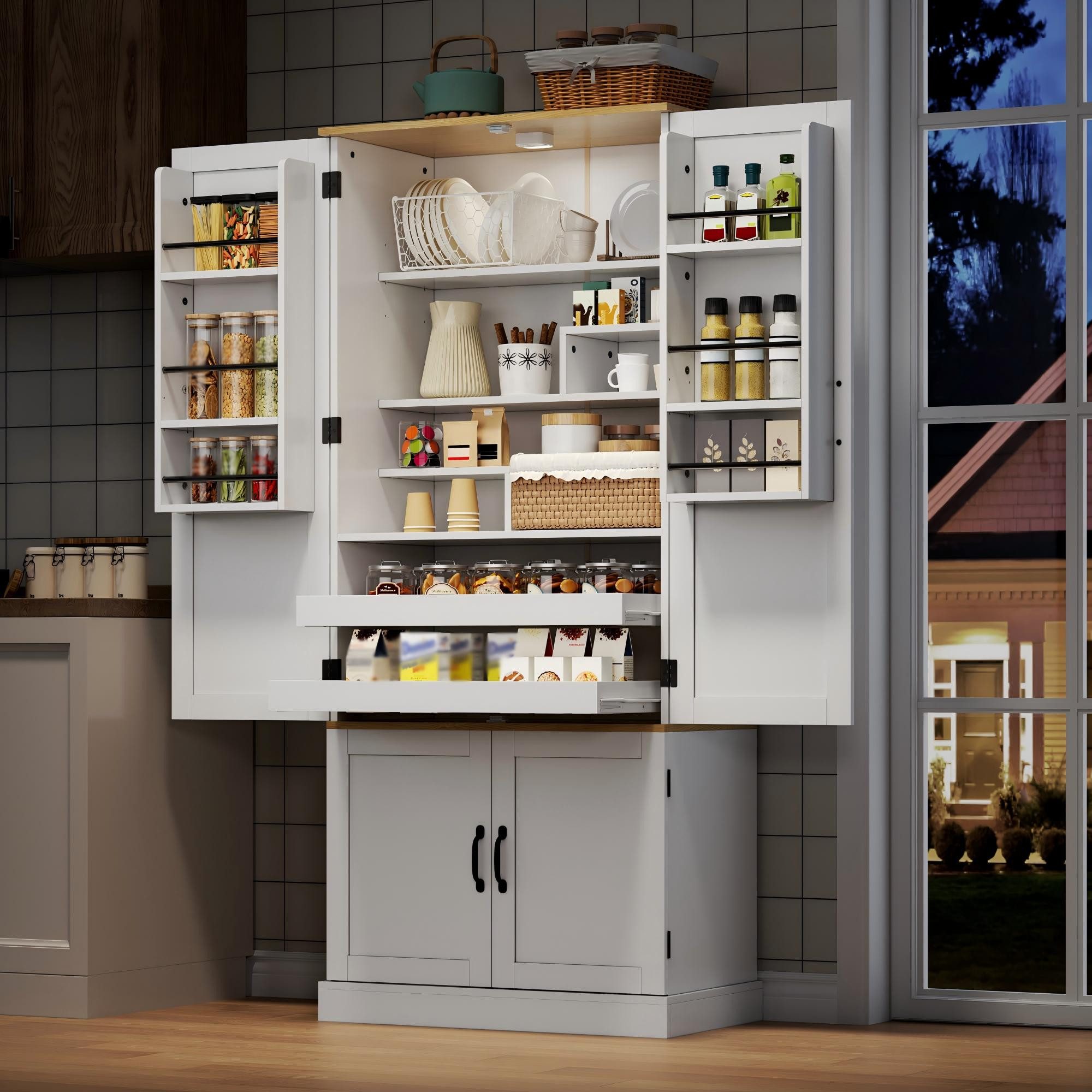 Flieks Hochschrank Küchenschrank mit Bewegungssensor, Schubladen und Türregalen (1-St., 80×40×180 cm) Mehrzweckschrank mit verstellbare Einlegeböden Highboard Weiß