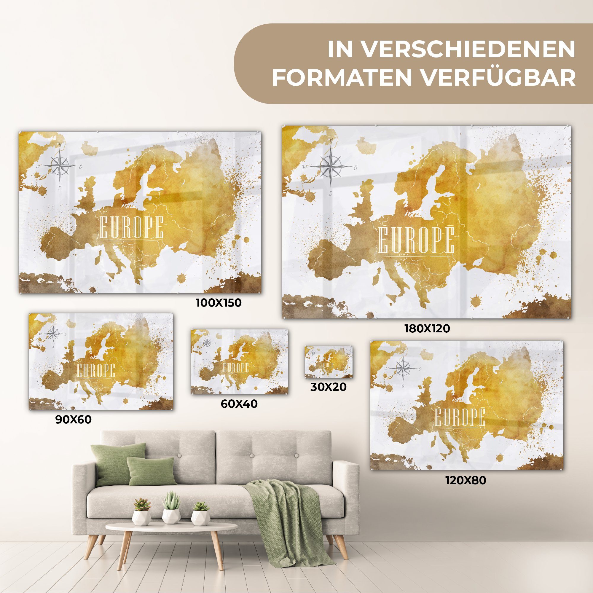 MuchoWow Acrylglasbild Weltkarten - Europa (1 Glasbilder auf - Wanddekoration - Glas - Gold, auf Glas Bilder St), - Foto Wandbild