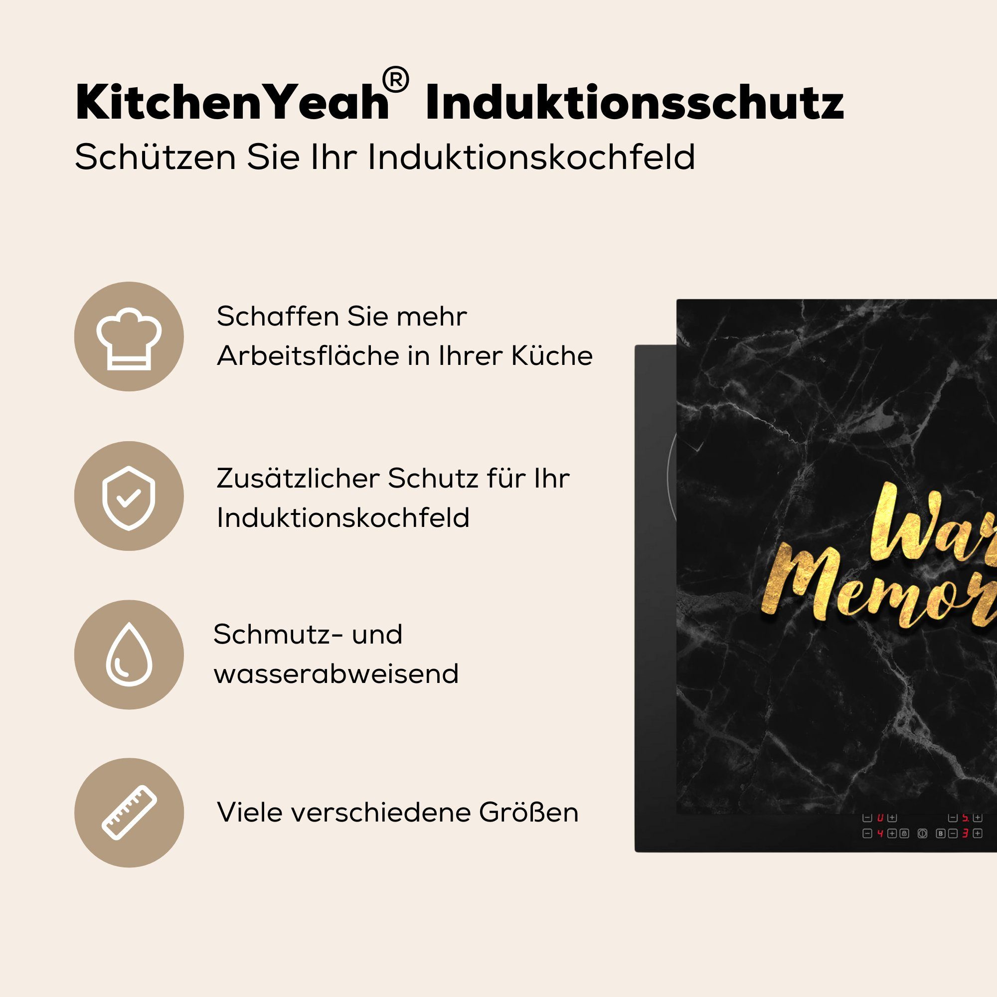 küche 78x78 (1 Arbeitsplatte - Marmor, tlg), cm, Gold Ceranfeldabdeckung, Zitat für Vinyl, MuchoWow Herdblende-/Abdeckplatte -