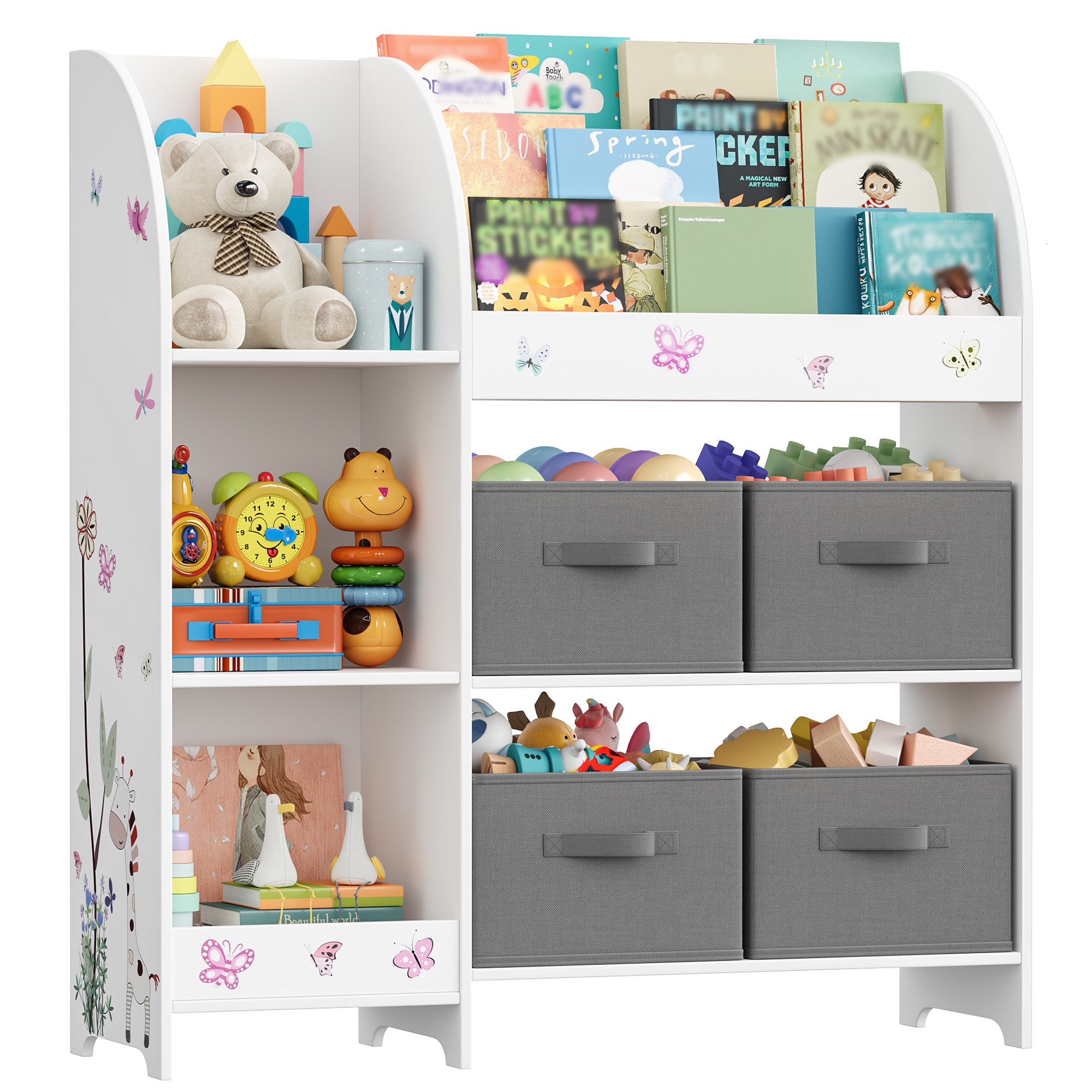 HOMECHO Spielzeugtruhe, Kinderregal mit 4 Stoffschubladen, Weiß, Kinderzimmer