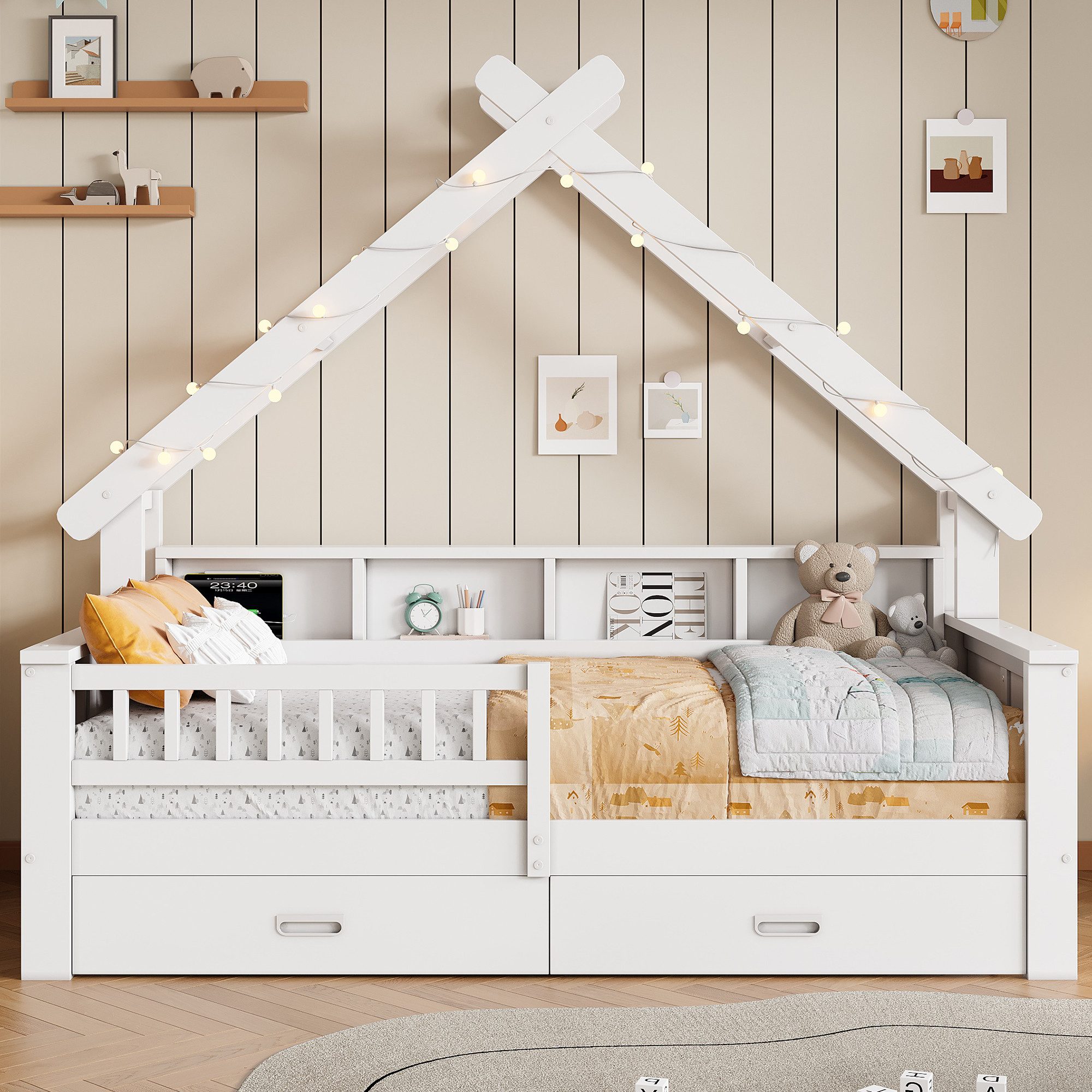 Merax Hausbett in Hausform mit LED-Beleuchtung (1-tlg., Massivholz Jugendbett Einzelbett), Kinderbett 90x200cm mit 2 Schubladen Staufächern Schutzgitter Staurau – Bild 2 von 5