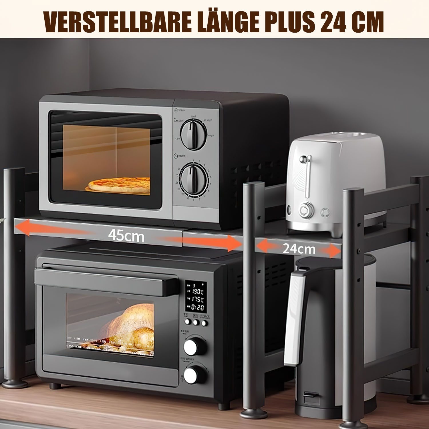 SURFOU Standregal Mikrowellen Regal 2-Stufig Microwave Shelf Schrank Küchenregal 40-60cm, Küchen Mikrowelle Ständer Regal, Kohlenstoffstahl Küchenaufbewahrung O – Bild 4 von 5