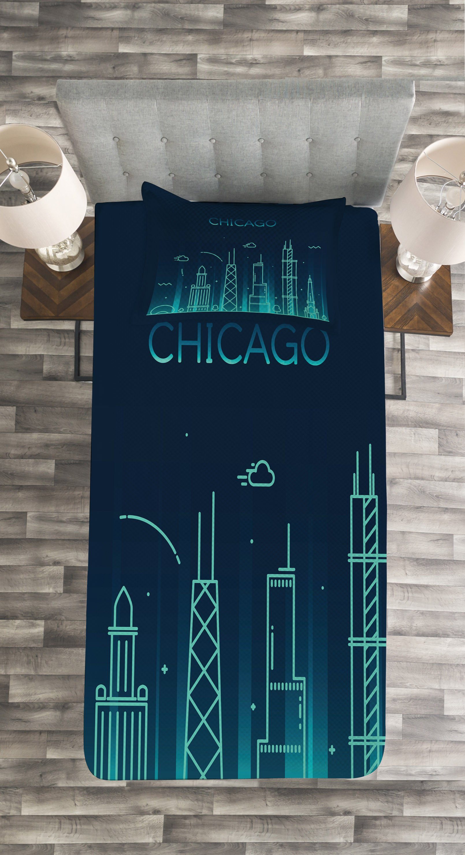 Panorama Waschbar, Skyline Set Chicago Abakuhaus, Blue Kissenbezügen mit Tagesdecke