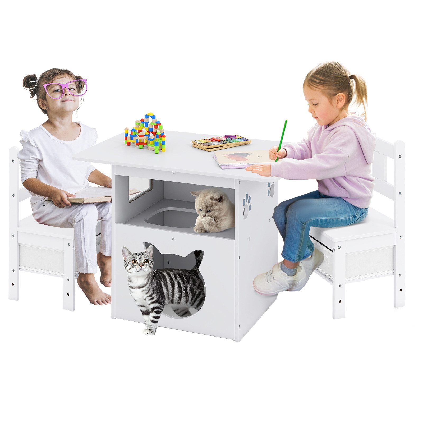 KOMFOTTEU Kindersitzgruppe, mit 2 Stühlen, Rückenlehne & 2 Stoffschubladen