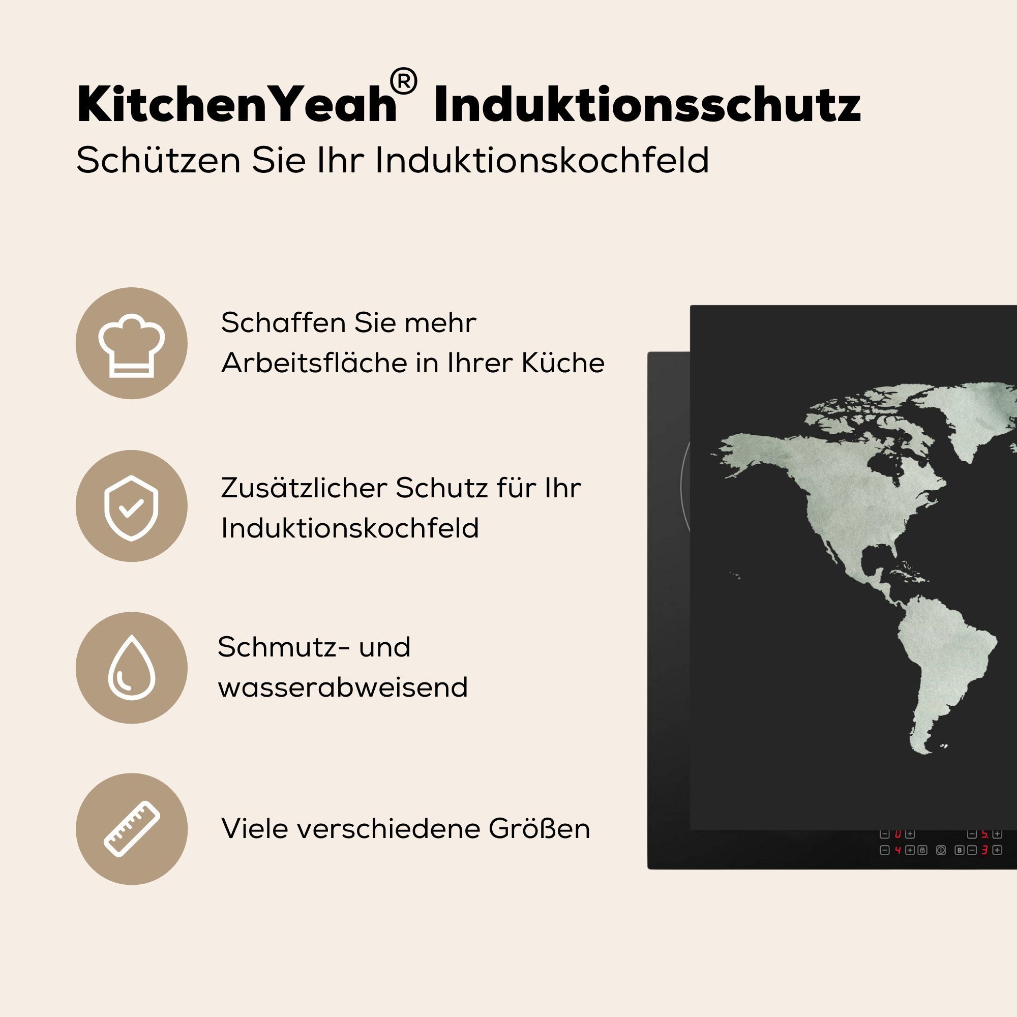 MuchoWow Herdblende-/Abdeckplatte Vinyl, Grau Schutz 81x52 tlg), - Weltkarte cm, die für Induktionskochfeld küche, (1 Ceranfeldabdeckung Schwarz, 