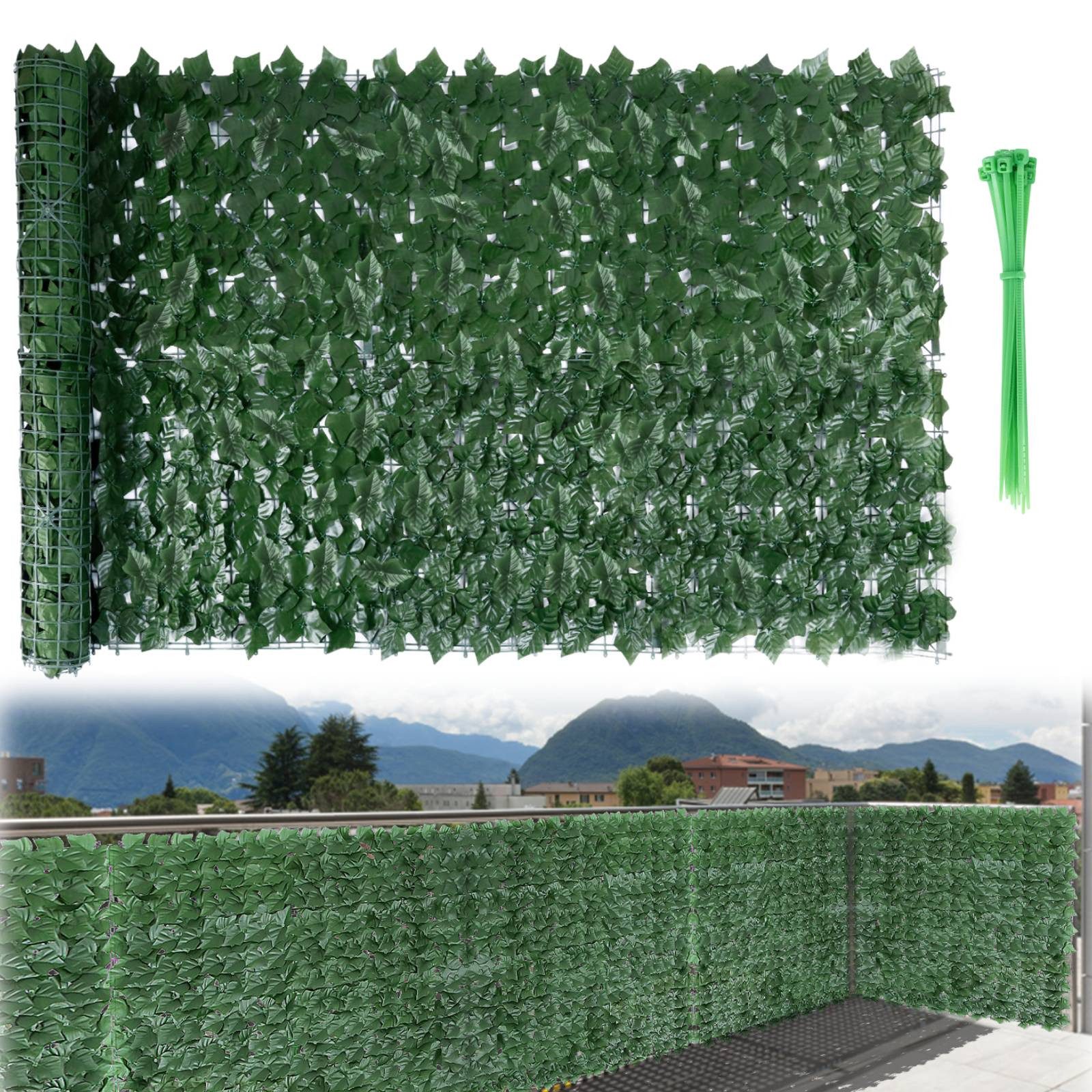 LEMLIT Balkonsichtschutz 1×3 m Kunsthecken-Sichtschutz, Efeu Hecke Windschutz für Balkon (1er Set, 1-St., mit Kabelbindern montierbar) Luftdurchlässige Rückseite, für Innen- und Außenbereich