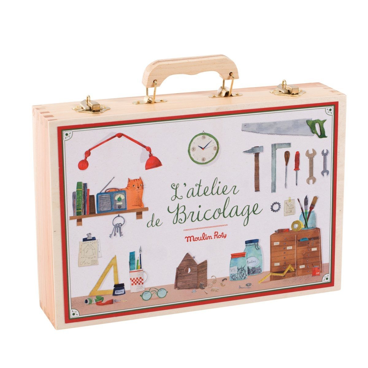 Moulin Roty Spielwerkzeugkoffer Kinder Werkzeugkasten ab 6 Jahren, 14-teilig, Holz & Stahl, Holzkoffer