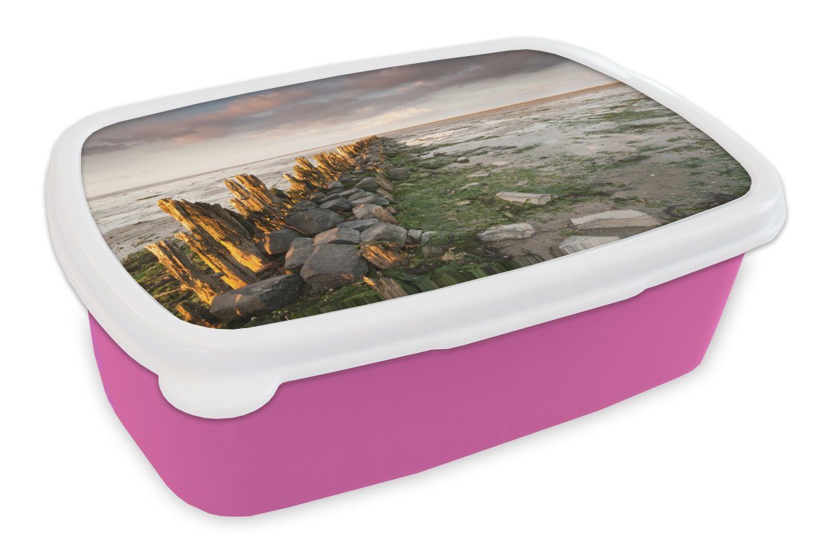 MuchoWow Lunchbox Meer - Steine - Niederlande, Kunststoff, (2-tlg), Brotbox für Erwachsene, Brotdose Kinder, Snackbox, Mädchen, Kunststoff rosa