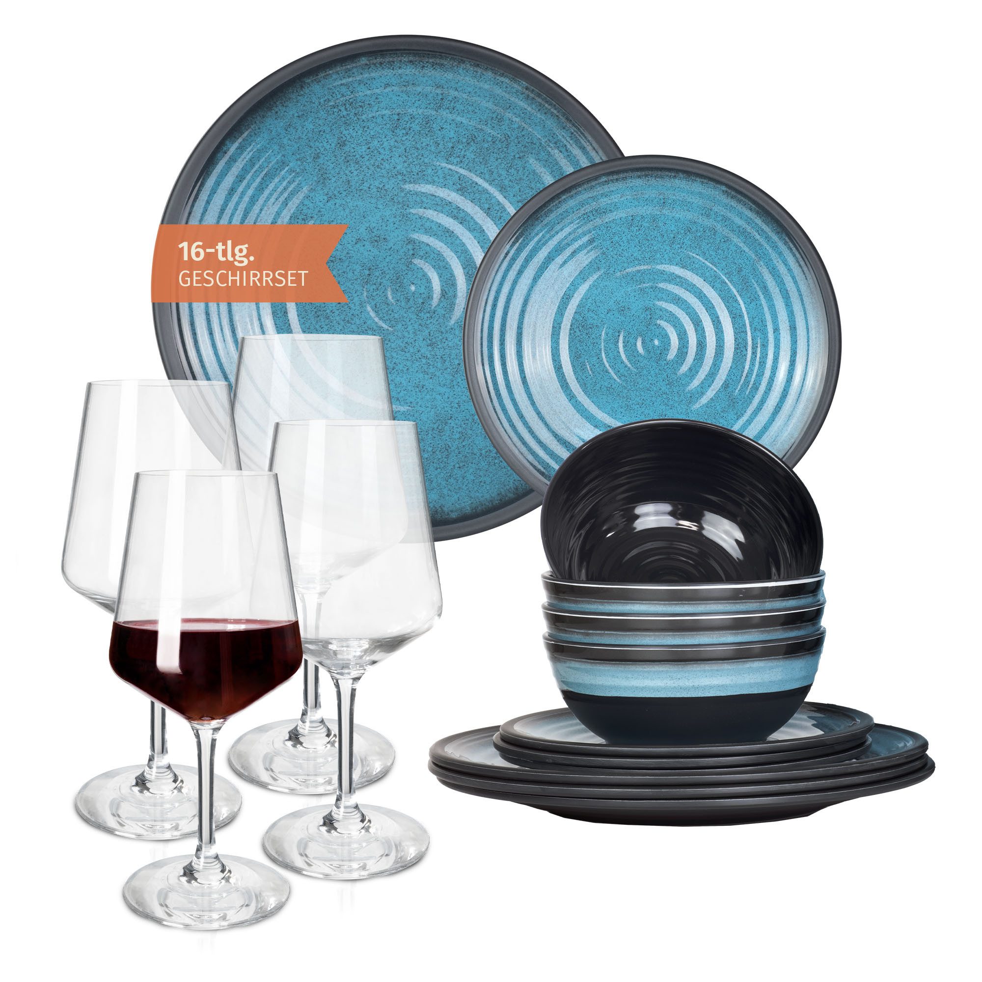 Moritz Geschirr-Set Camping Geschirr Stone Blue + Milano Rotweingläsern