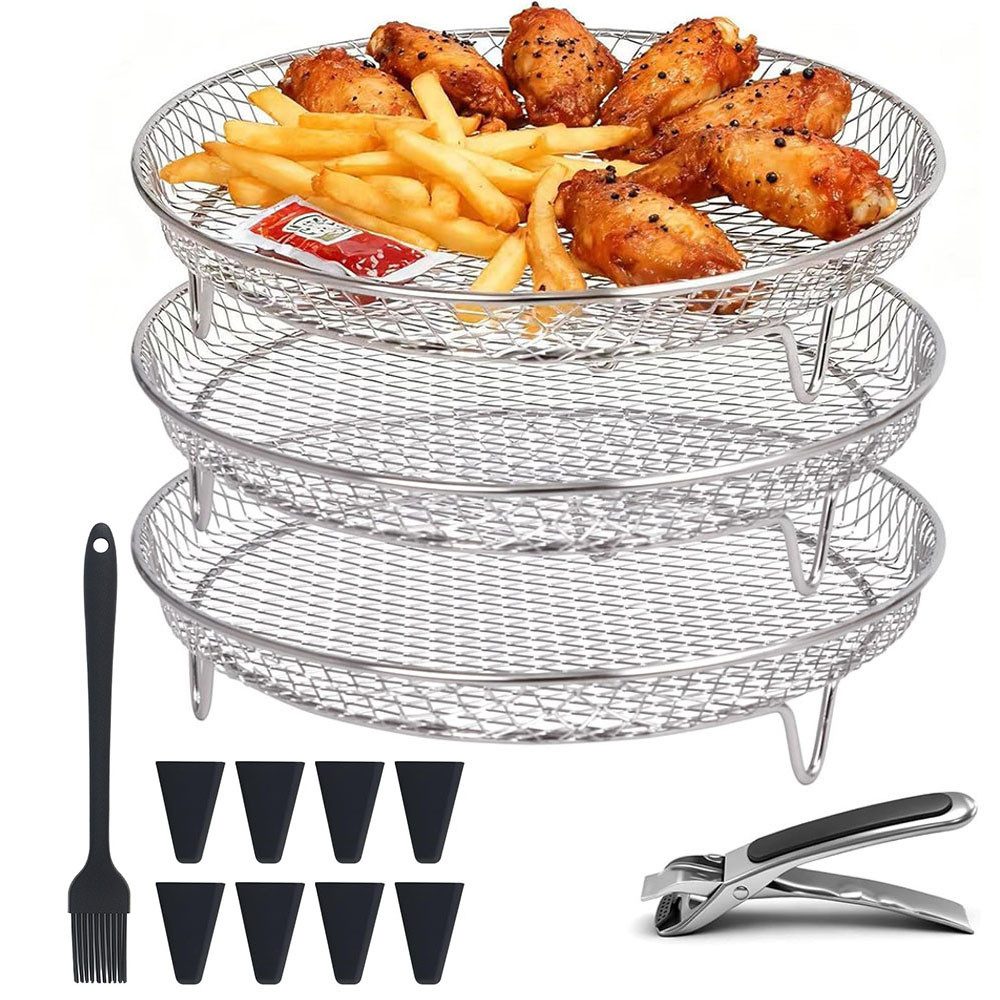 AFKSMILE Küchenmaschinen Zubehör-Set 3 Stück Zubehör heißluftfritteuse,airfryer zubehör,airfryer gitter, Edelstahl Frittierkorb,Stapelbar,Spülmaschinenfest mit Silikonfüßen