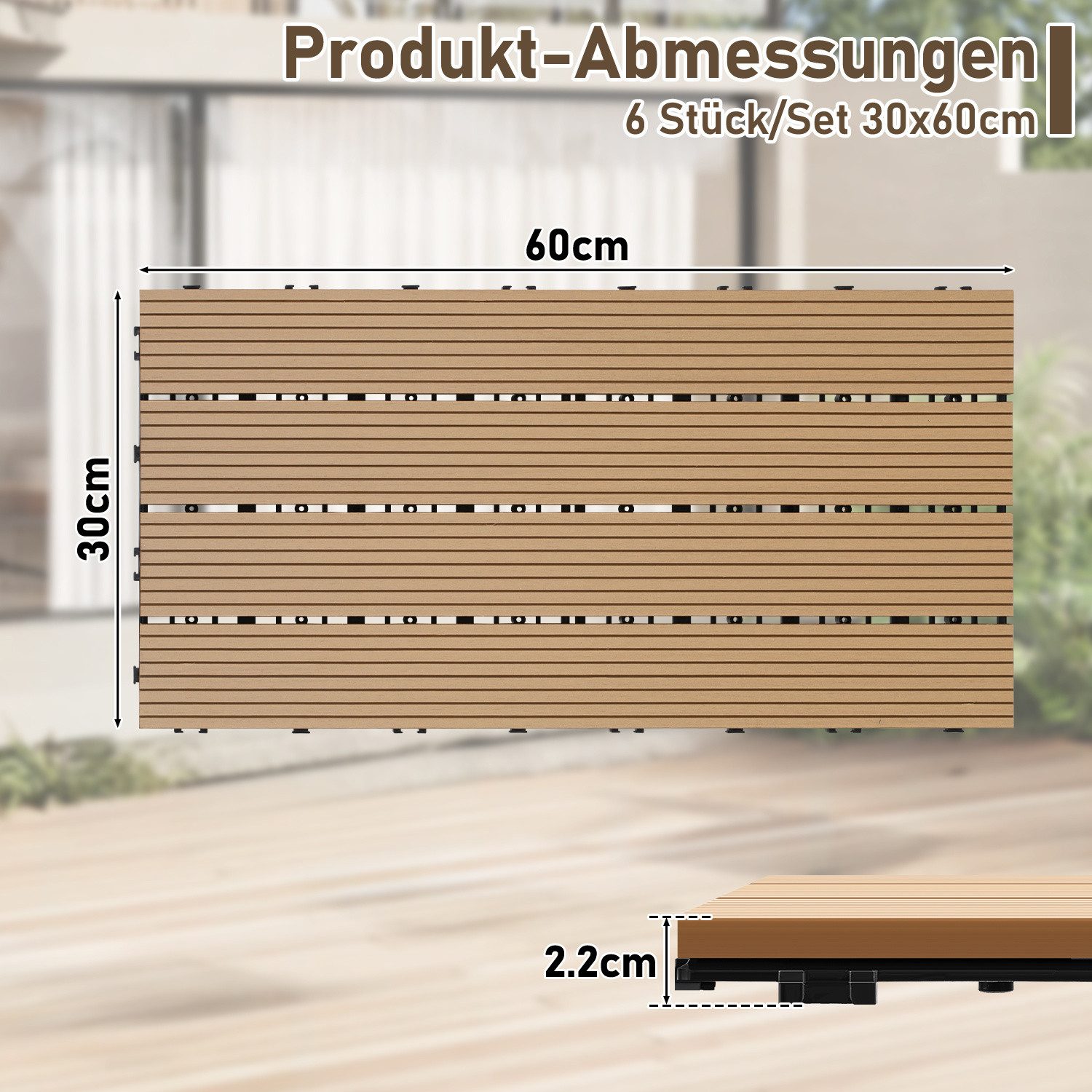 Clanmacy Terrassendielen WPC Terrassenfliesen in Holzoptik Garten Balkon mit Drainagensystem, (30-St)