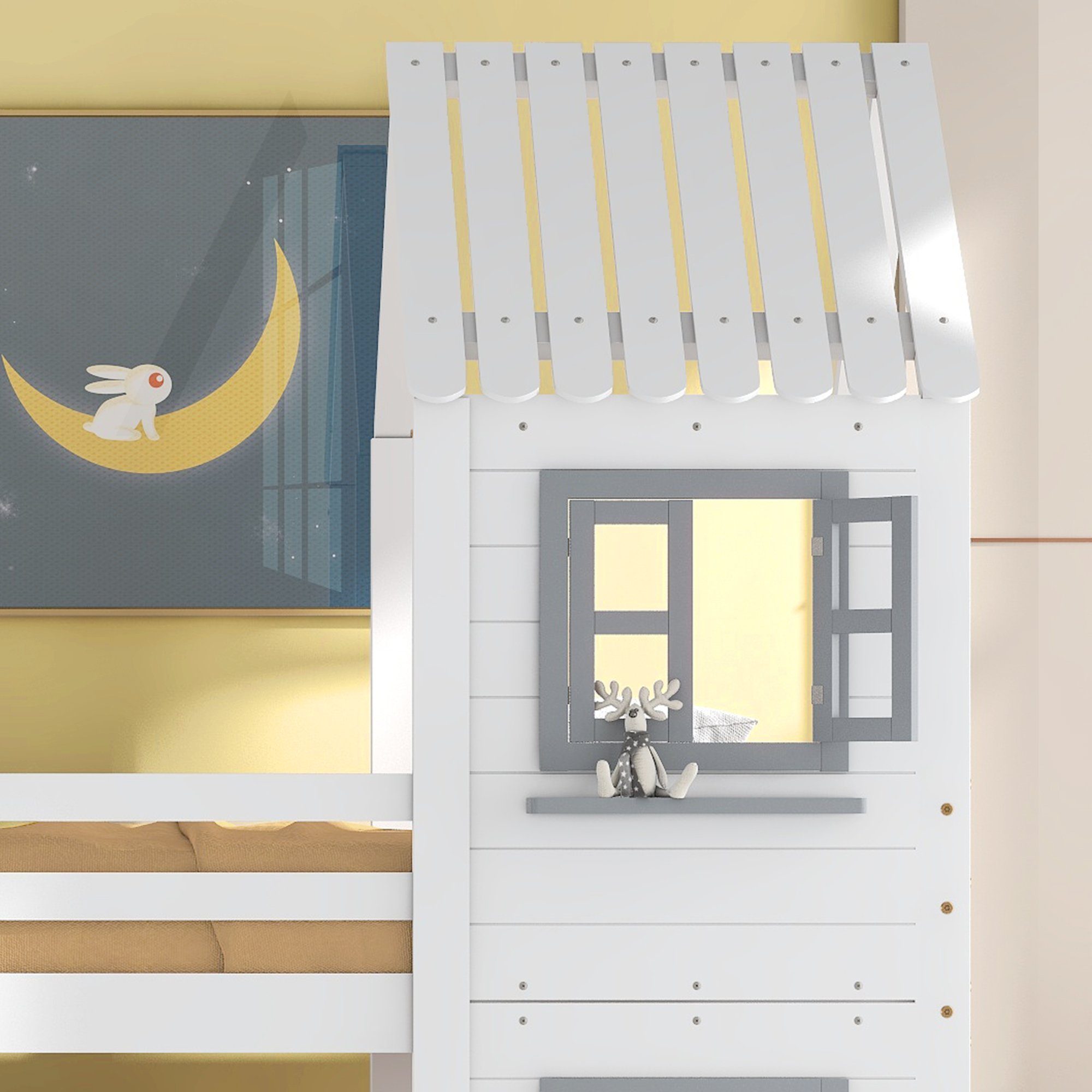 Hochbett SOFTWEARY Kinderbett 2 Schlafgelegenheiten, inkl. Treppe mit Kieferholz, inkl. aus Etagenbett (90x200 Holzbett Rausfallschutz, cm), Rollrost und weiß Hausbett