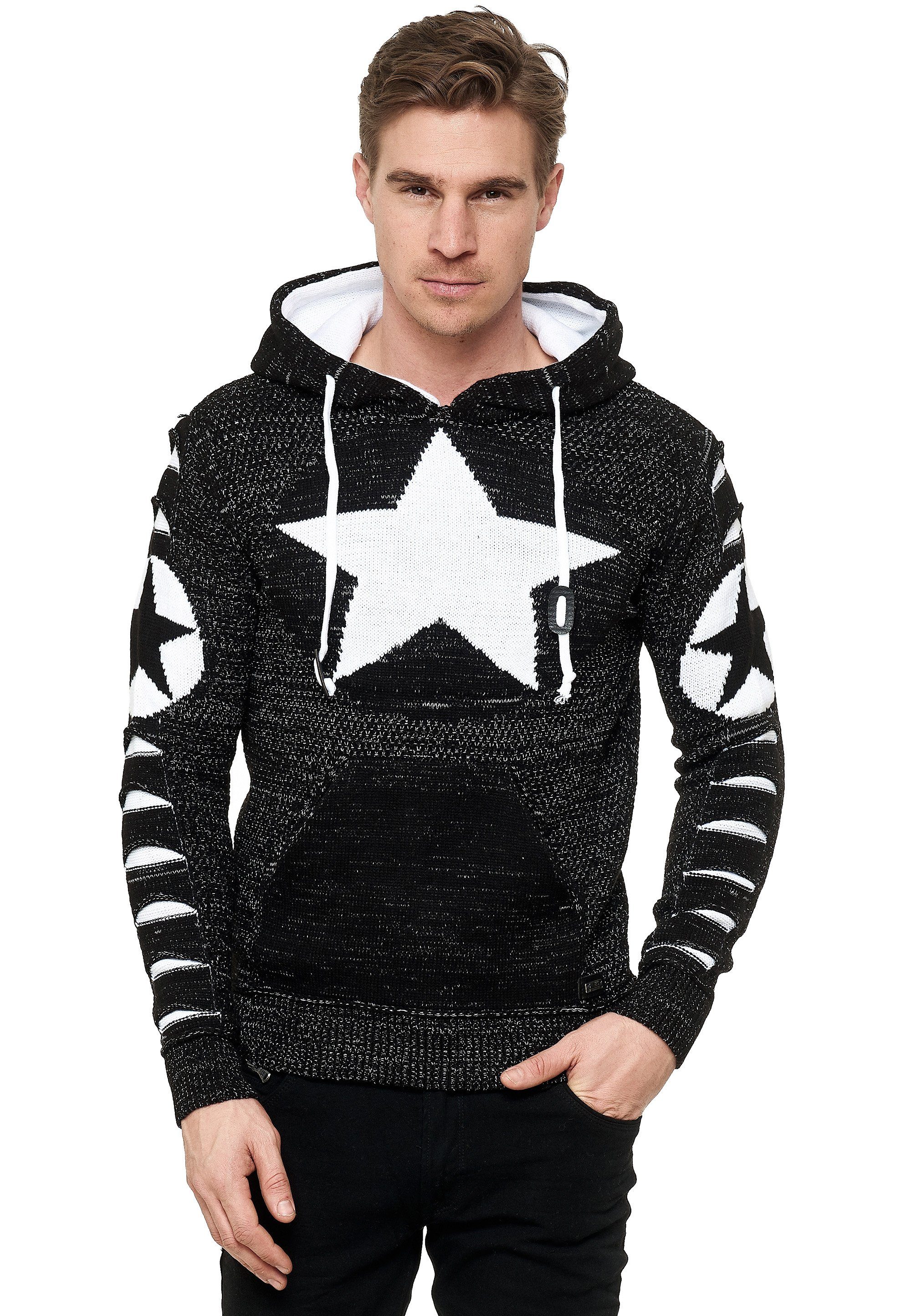 Rusty Neal Kapuzensweatshirt mit großem Stern-Design schwarz-weiß