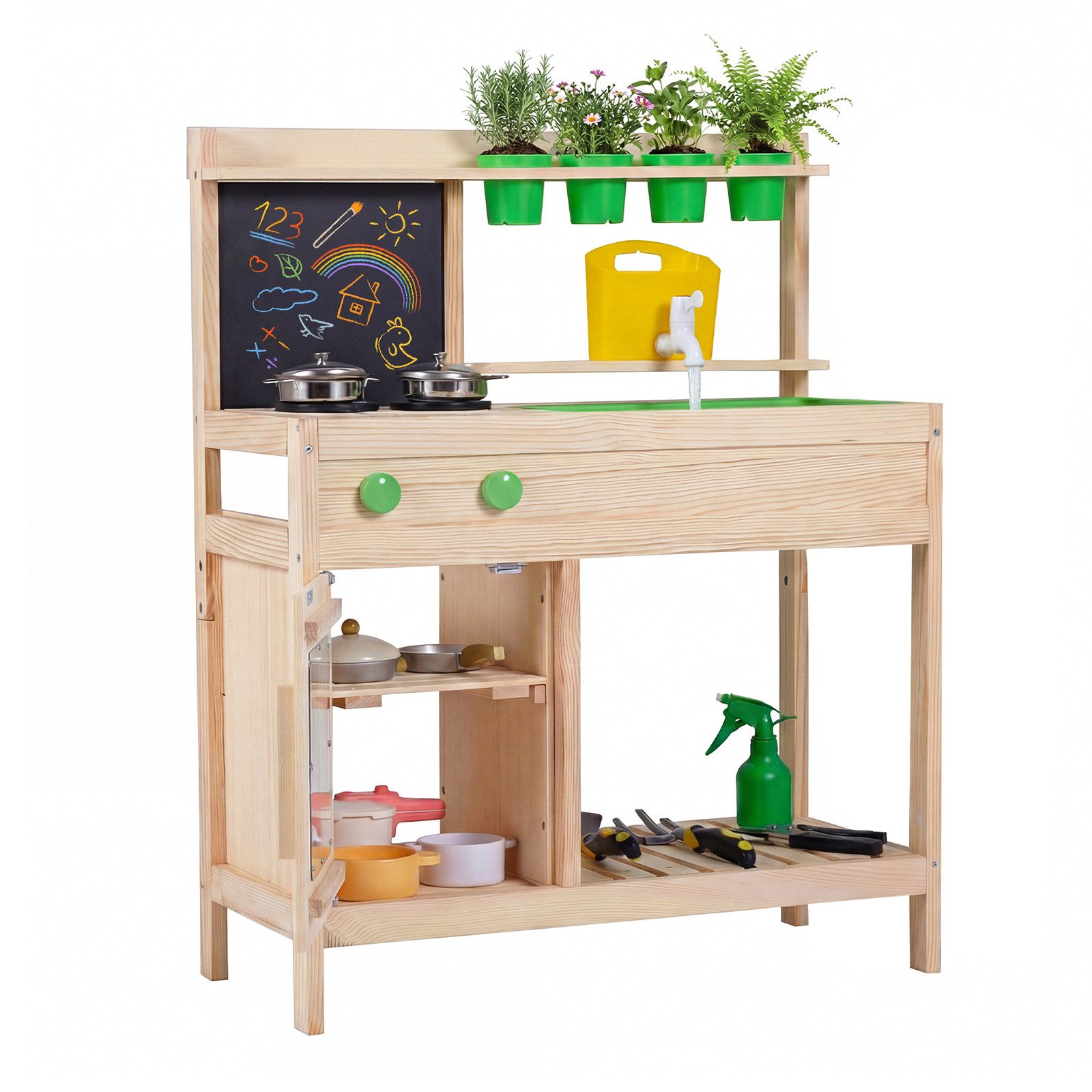 KOMFOTTEU Outdoor-Spielküche, mit Wasseranschluss, Wassertank, Spüle, Tafel & Blumentöpfen