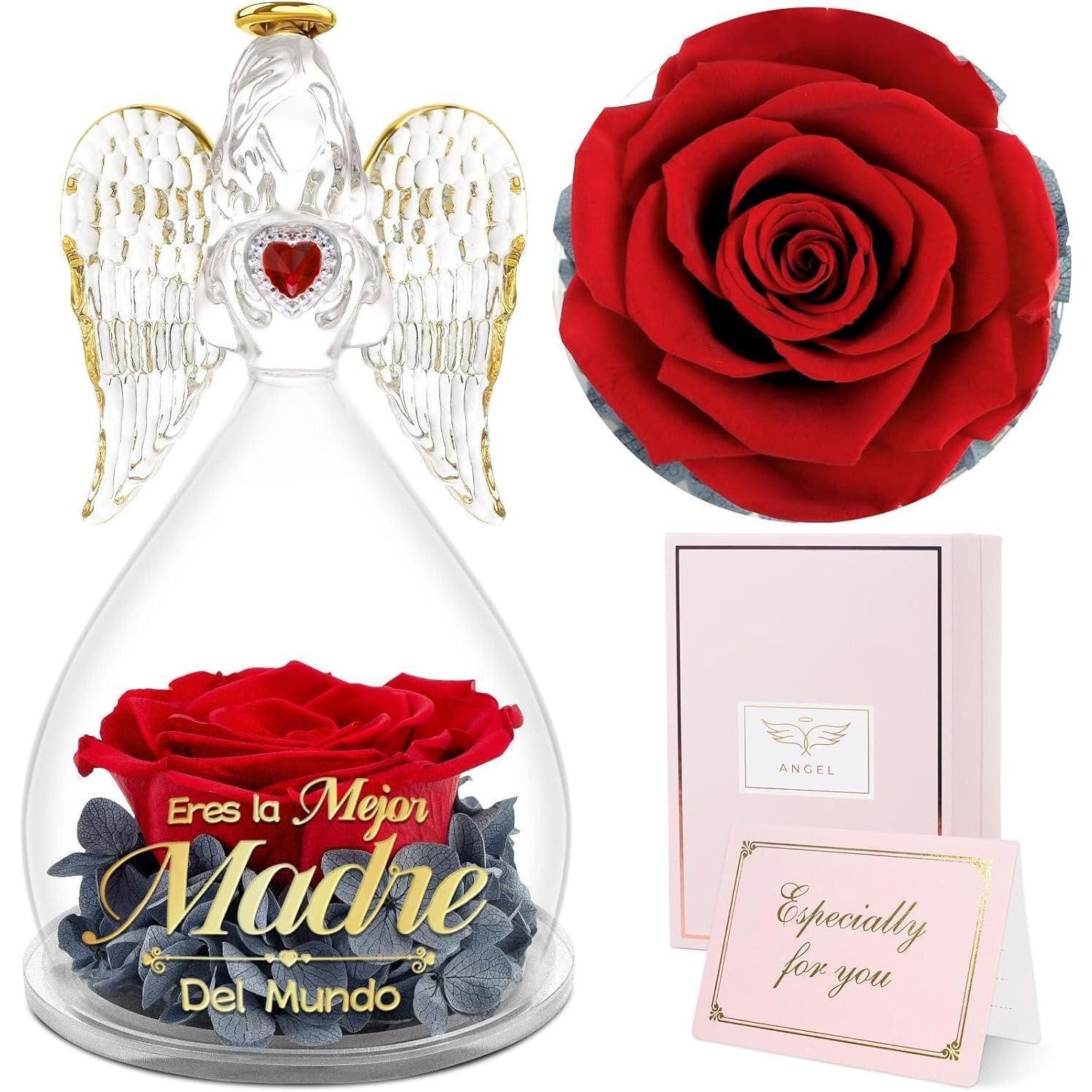 LuxusKollektion Schmuckset mit Gravur Geschenke Mama Beste Mama Engel Figur Rose Ewige Blume Glaskuppel