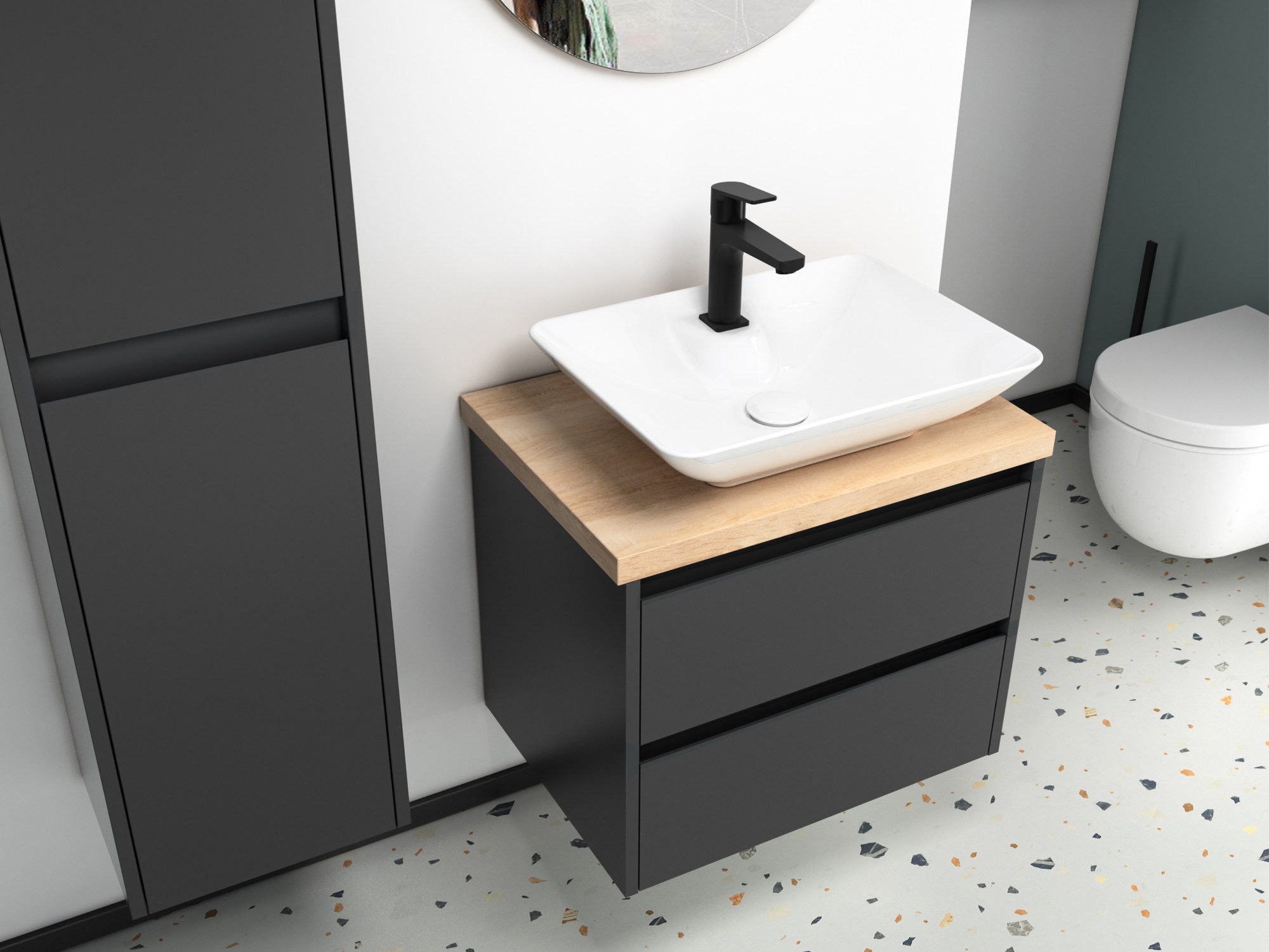 Aqua Bagno Badmöbel-Set Badmöbel 60cm – anthrazit matt lackiert mit Trägerplatte & Waschbecken, (Badschrank vormontiert, 3-St., Badmöbelschrank lackiert, Trägerplatte, Keramikwaschbecken), einfache Montage