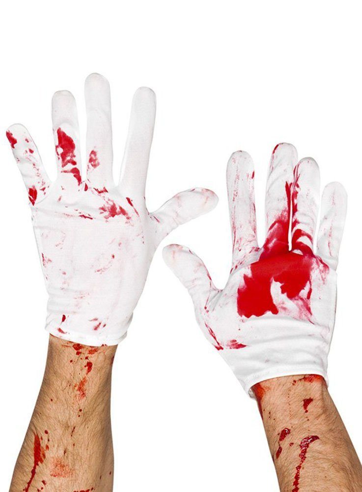 Boland Kostüm Blutige Handschuhe, Ein Paar weiße Handschuhe mit Fake-Blutspritzern