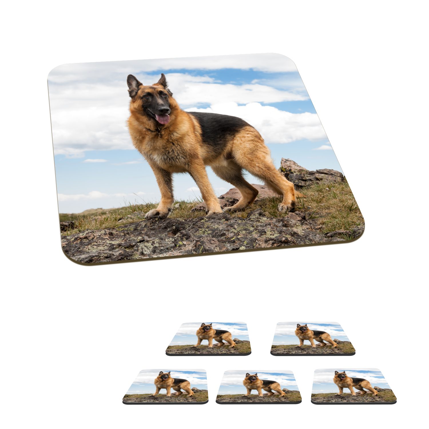 MuchoWow Glasuntersetzer Deutscher Schäferhund auf einem Berg, Zubehör für Gläser, 6-tlg., Glasuntersetzer, Tischuntersetzer, Korkuntersetzer, Untersetzer, Tasse