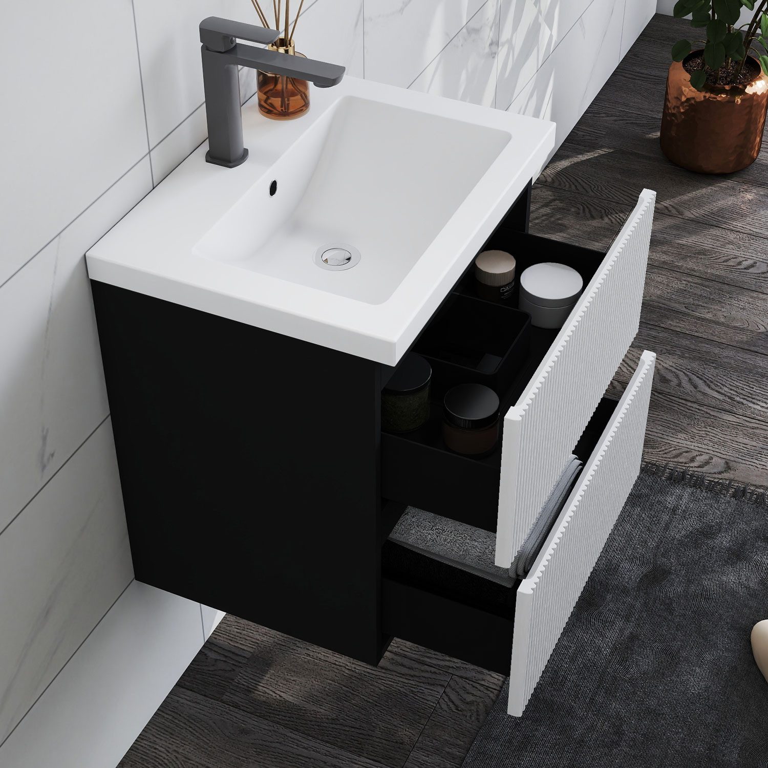 duschspa Waschtisch Waschbecken mit Unterschrank Badmöbel Set Hängeschrank, Weiß/Schwarz, 50-120 cm