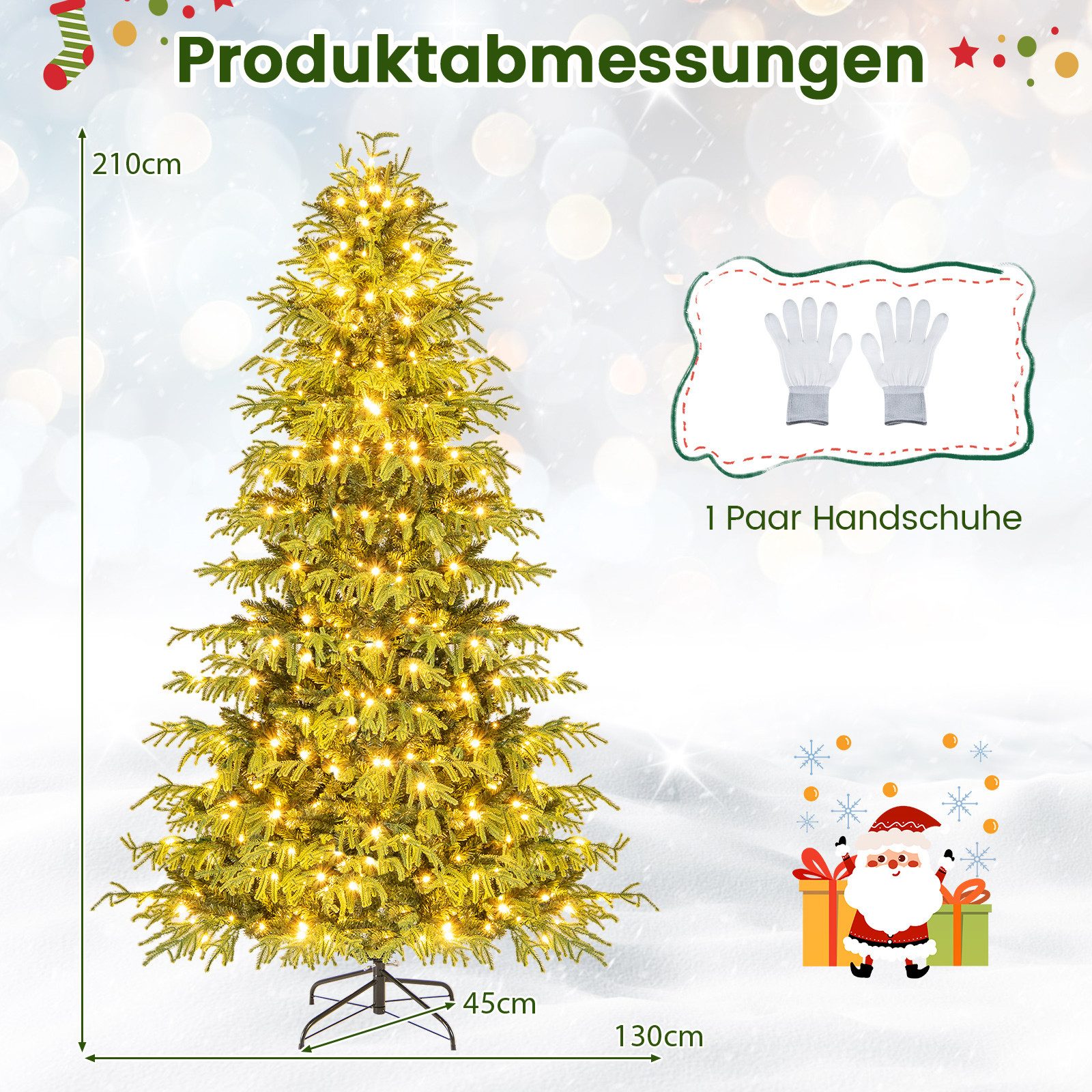 COSTWAY Künstlicher Weihnachtsbaum, 210cm, 370 warmweiße LEDs, 1090 Spitzen