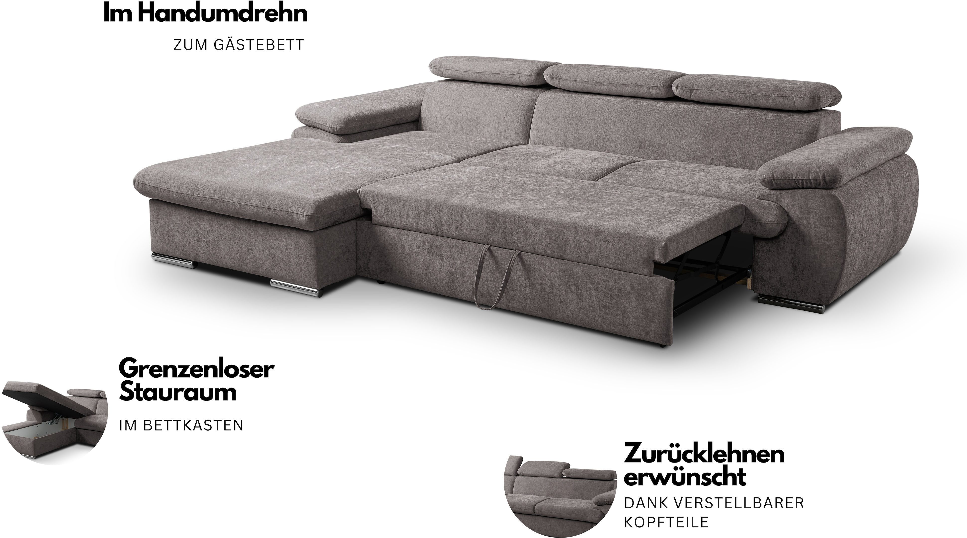 WERK2 Ecksofa Cosmo modern und bequem, Breite 282cm, L-Form, Eckcouch mit Schlaffunktion, Bettkasten & verstellbaren Kopfteilen