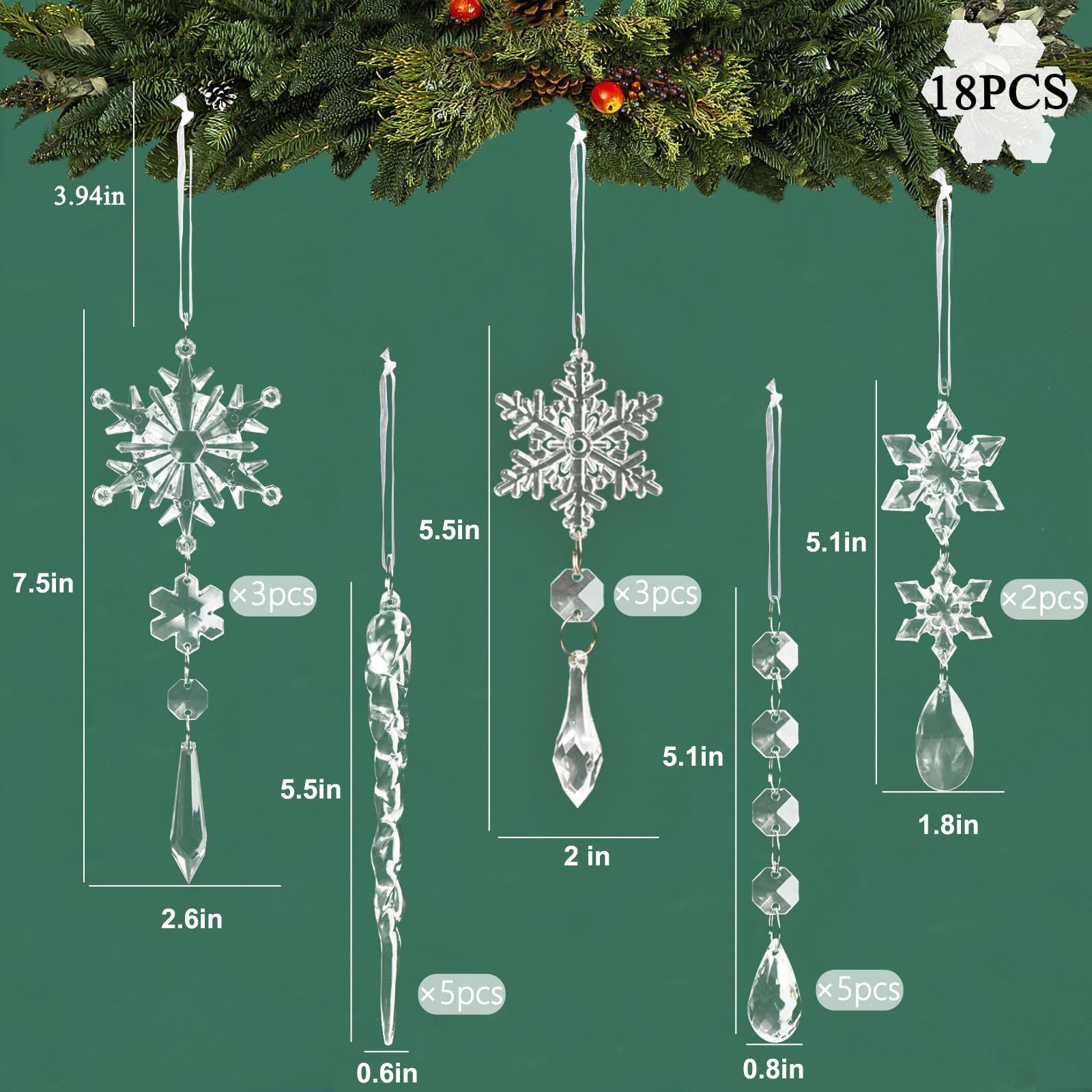 Coonoor Christbaumschmuck Acryl Schneeflocken Eiszapfen Tropfen Hängedekoration (18-tlg), Ornamente für Weihnachtsbaum Winterfest und Party Deko – Bild 4 von 5