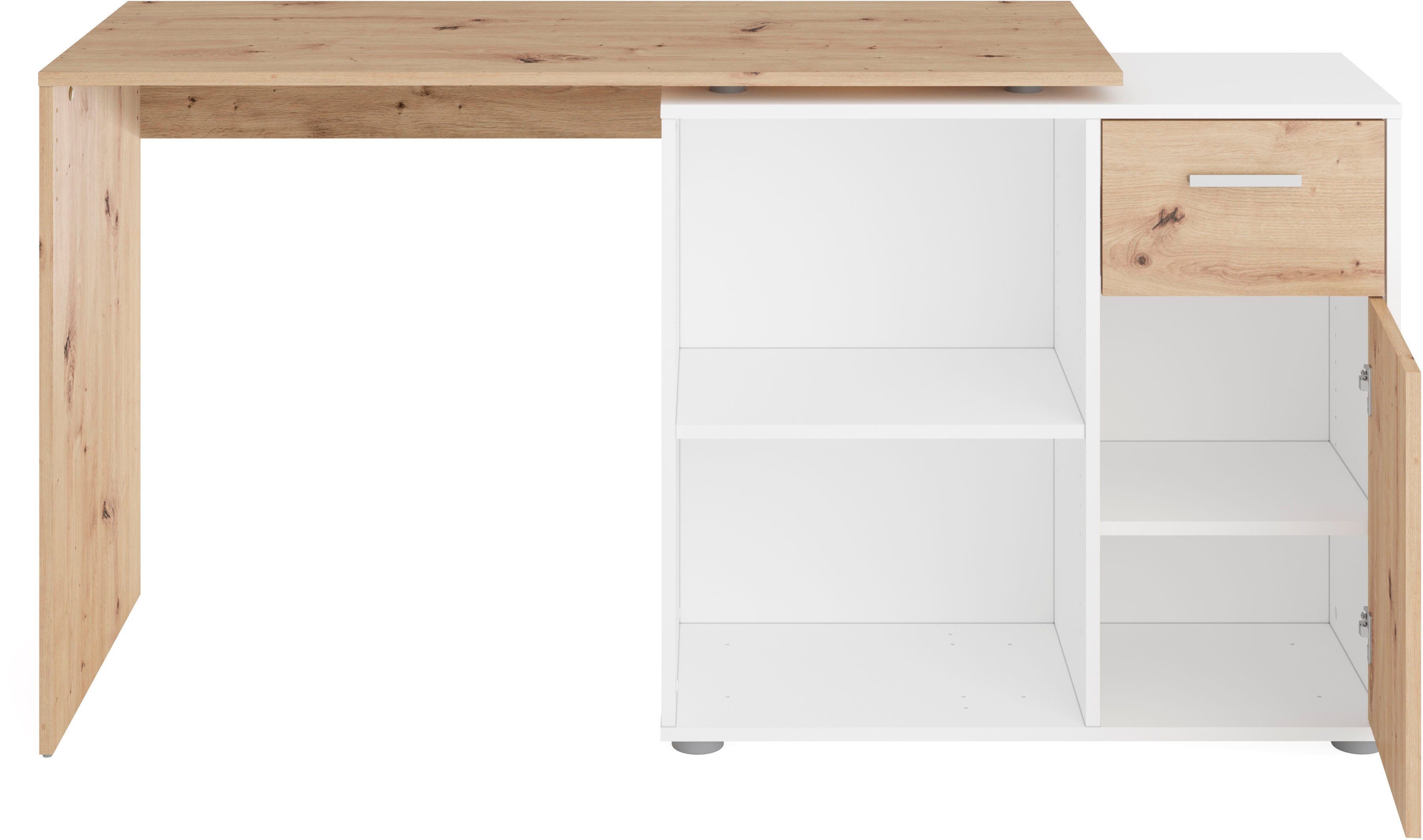 FMD Eckschreibtisch AUGSBURG, Schreibtisch / Sideboard mit Stauraum, drehbar, Breite 117/148 cm artisan eichefarben-weiß