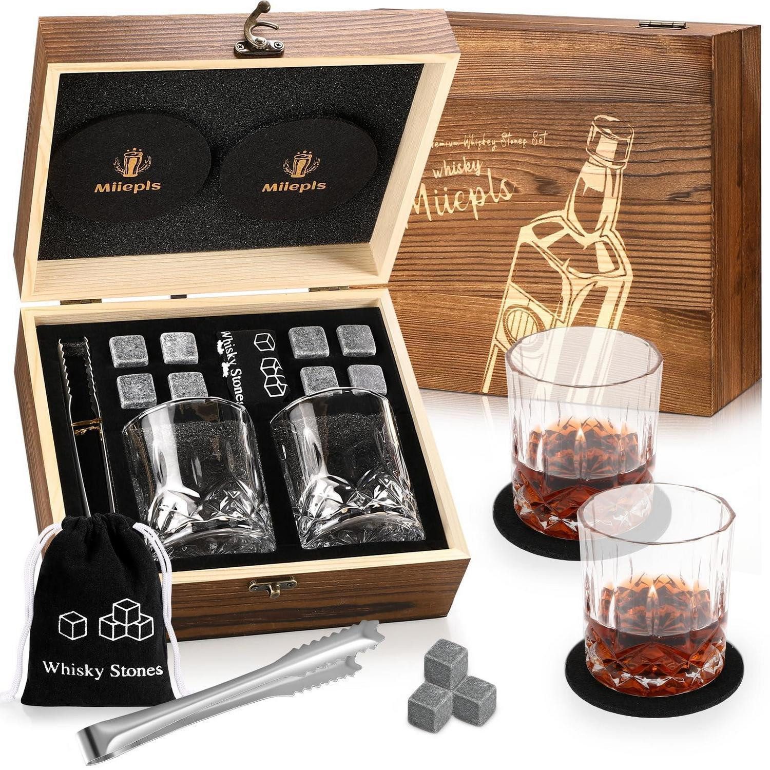 LuxusKollektion Gläser-Set Whisky Set 8 Steine 2 Gläser Holzbox