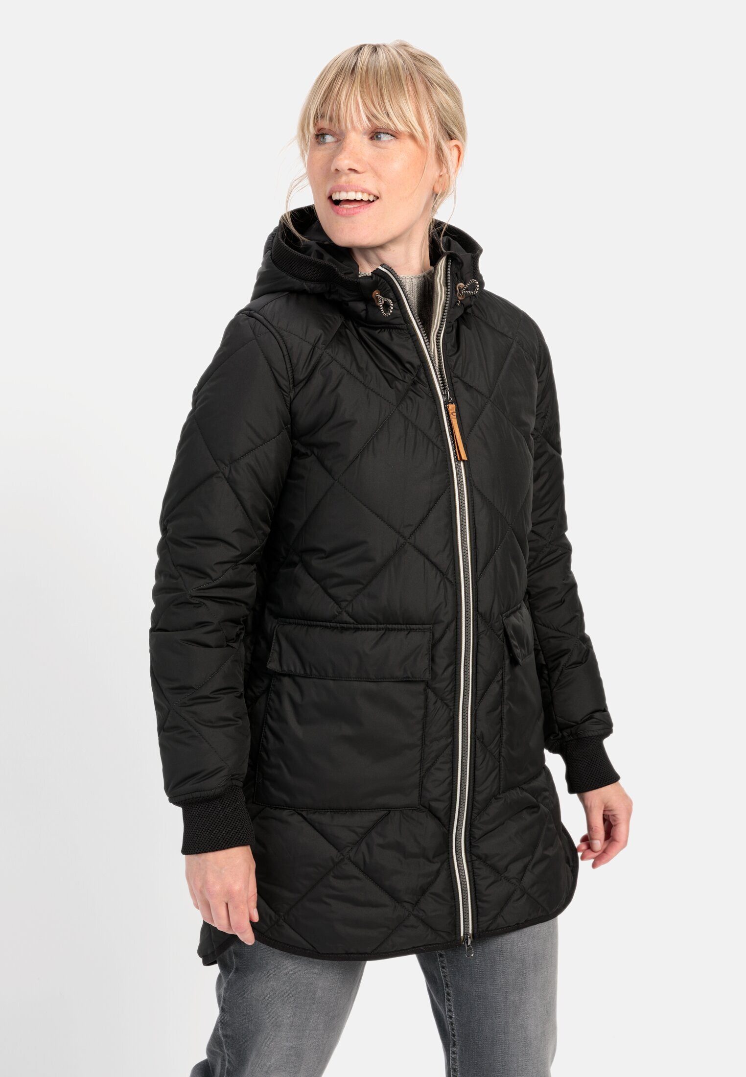 camel active Steppmantel aus recyceltem Polyester Langarm Kapuze Markenlabe günstig online kaufen