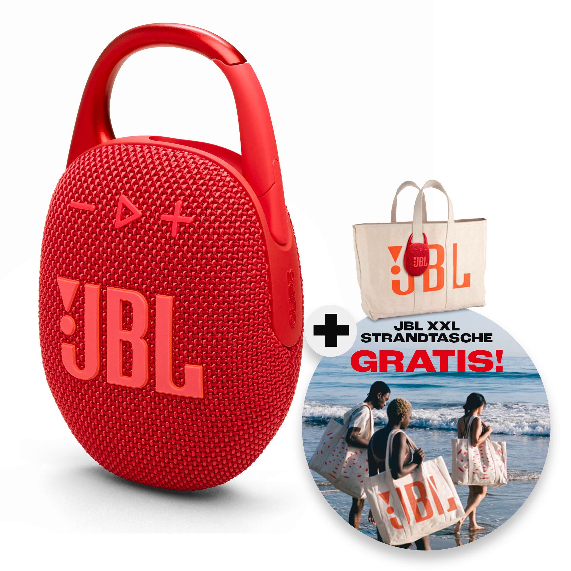 JBL Set: Clip 5 + Strandtasche Bluetooth-Lautsprecher (A2DP Bluetooth, Bluetooth, AVRCP Bluetooth, 7 W, Ultra-kompakter wasserdichter Lautsprecher mit Strandtasche)