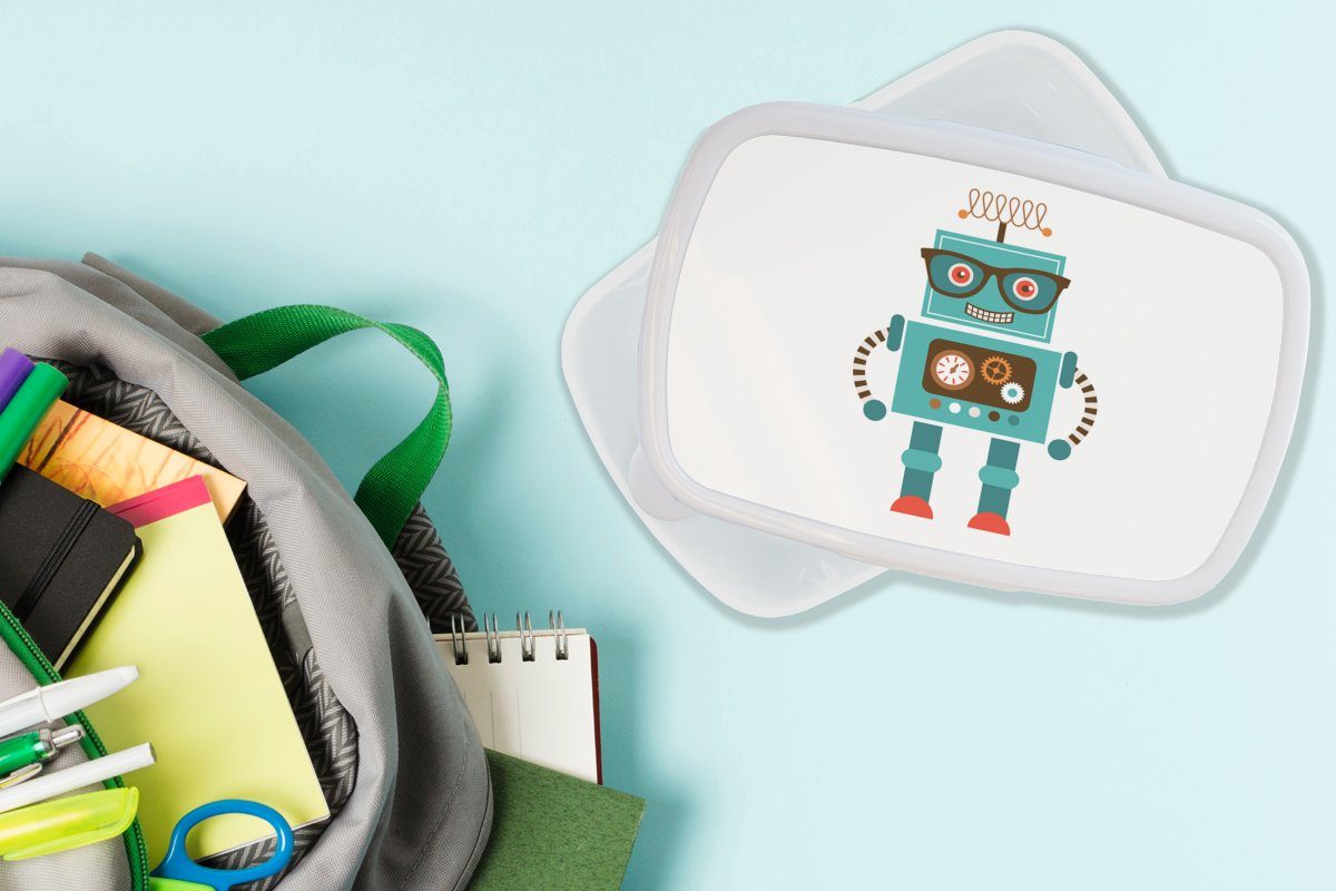 - Roboter - Kunststoff, Erwachsene, weiß für - Kinder, Kinder Brotbox für und - Schutzbrille Jungs Zahnräder und - Brotdose, Gesicht Jungen Mädchen Lunchbox MuchoWow (2-tlg),