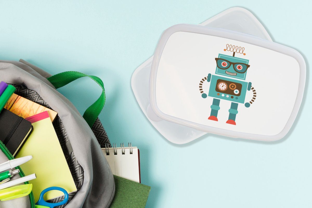 Lunchbox für Brotdose, - Schutzbrille Mädchen - Kinder und Kinder, (2-tlg), weiß und Jungen - Brotbox für MuchoWow - Erwachsene, Zahnräder Roboter Gesicht - Jungs Kunststoff,