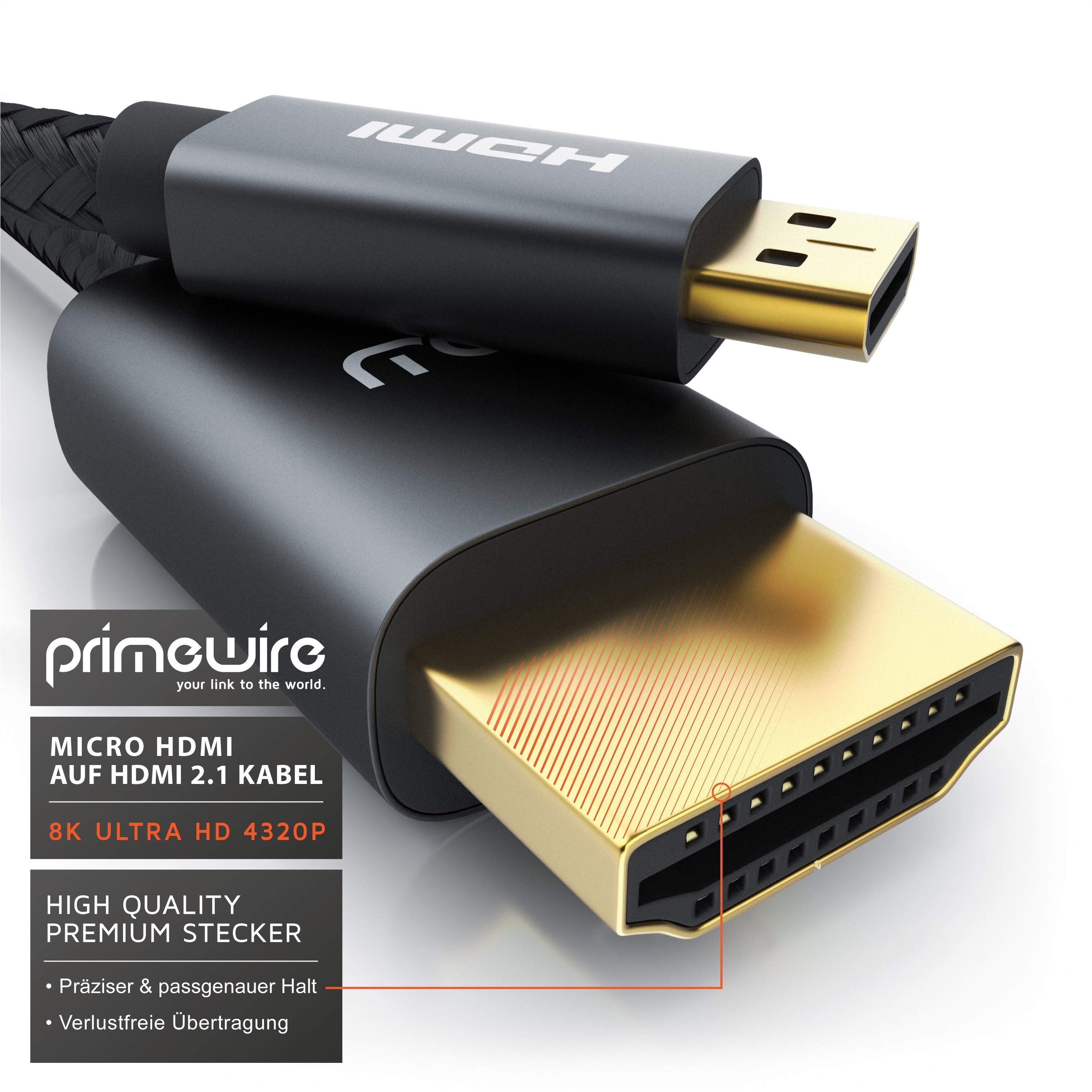 Primewire 8K HDMI auf microHDMI Adapterkabel 7680 x 4320 @ 120Hz mit DSC - 1,5m HDMI-Kabel, 2.1, HDMI Typ D (Micro), HDMI Typ A (150 cm), 3D, UHD II, HDR, ARC,  – Bild 4 von 5