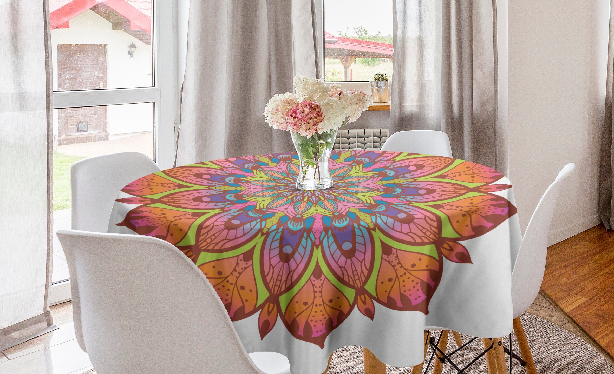 Tischdecke Blumen-Muster Blühendes Dekoration, Kreis Esszimmer Tischdecke für Mandala Abakuhaus Abdeckung Küche