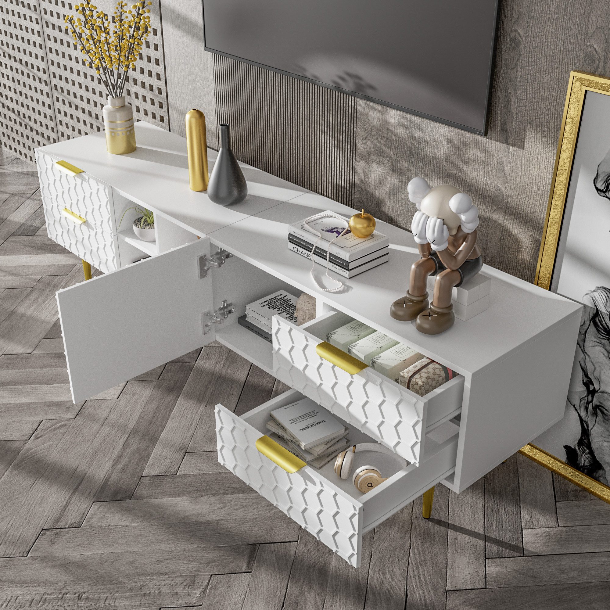 Merax Lowboard mit Wabeneffekt, TV-Schrank mit Schubladen und Tür,Fernsehti günstig online kaufen