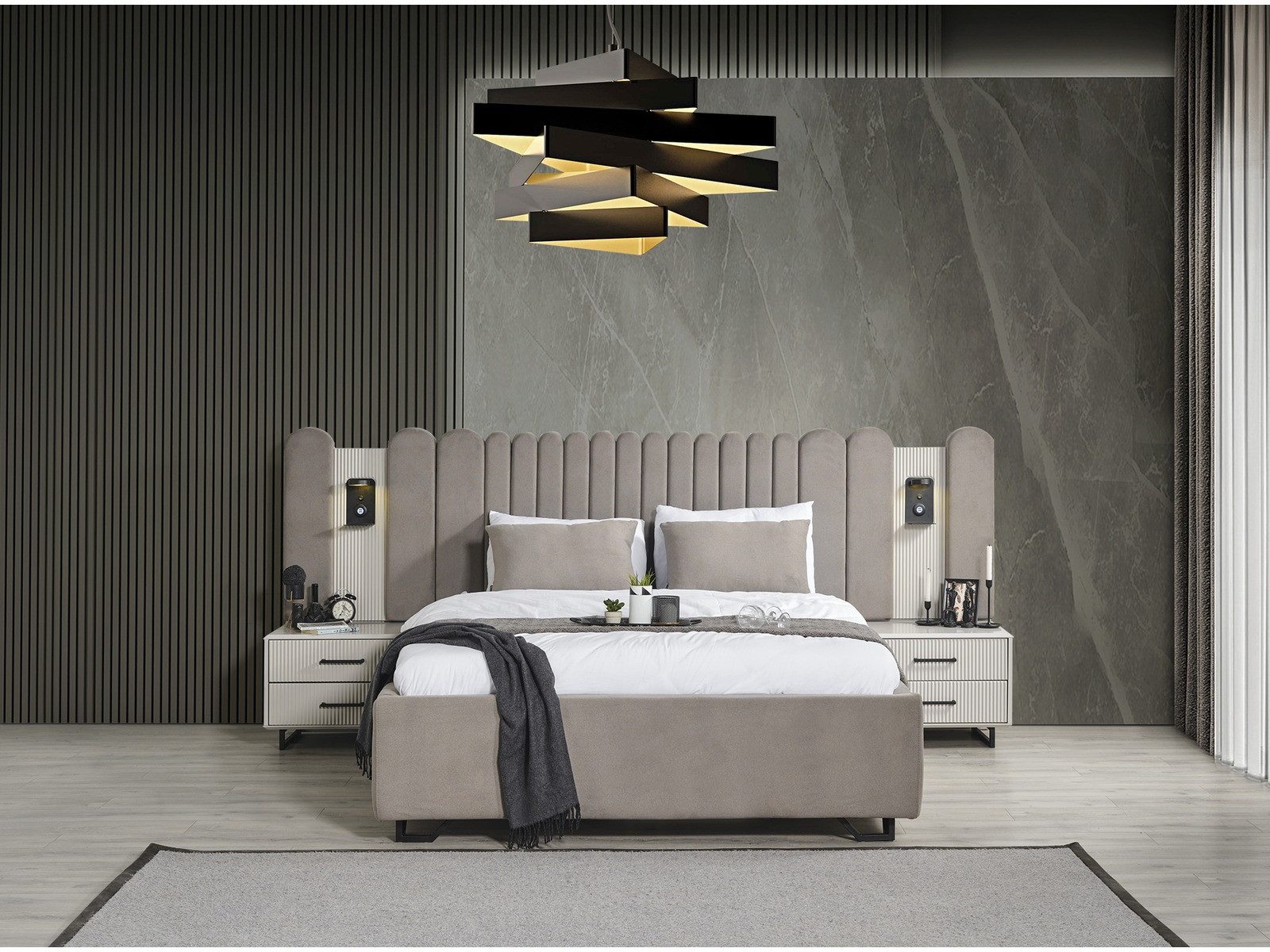 Villa Furniture Black Line Box Spring Bed, Upholstered Headboard, Calm Look, Sturdy Metal Feet